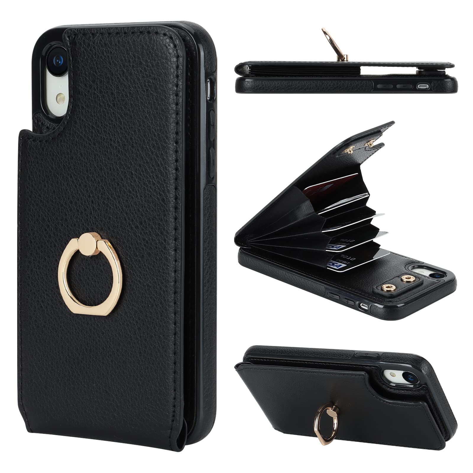 Folosu Compatible with iPhone XR Case Wallet with Card Holder, 360°Rotation Finger Ring Holder Kickstand Protective RFID Blocking PU Leather Double