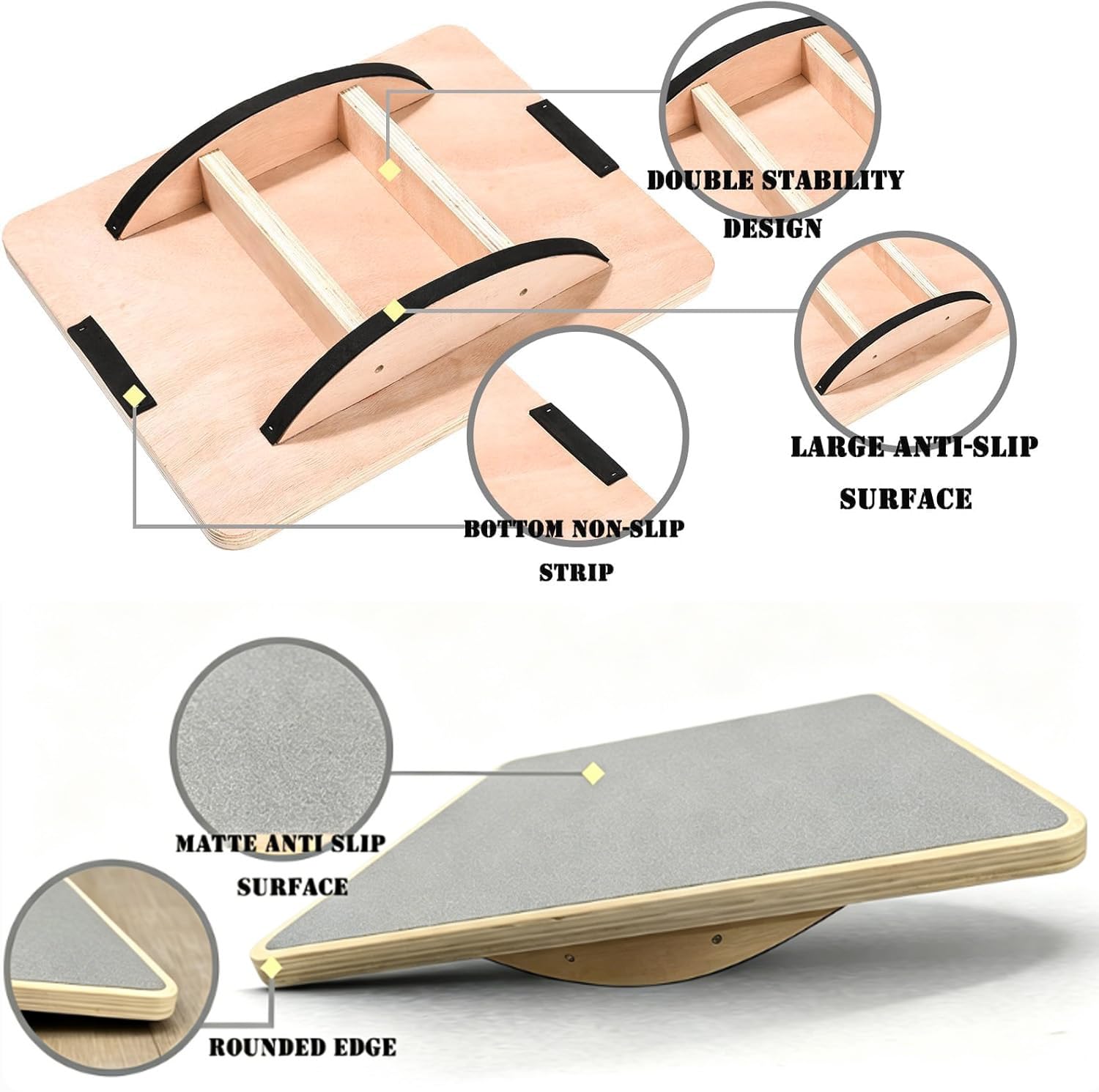 Balance Board - Tavola oscillante in legno per adulti, antiscivolo, per fisioterapia e forza del core, ideale per scrivania in piedi con supporto alla caviglia