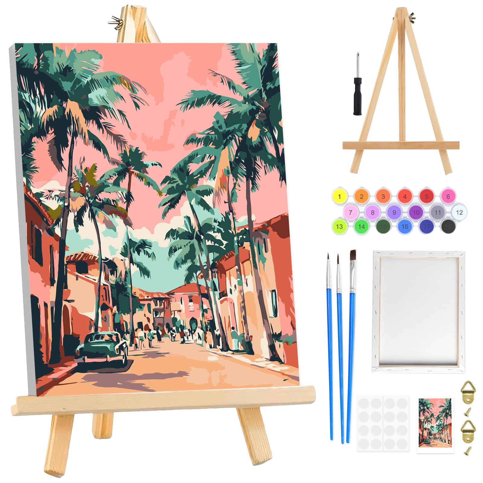 DOMROM Paint by Numbers Kit for Adults Beginners Framed with Wooden Easel, Town Scenery Adults' Paint-by-Number Kits on Canvas, DIY Easy Acrylic Oil Painting by Numbers for Home Decor, 8x12in