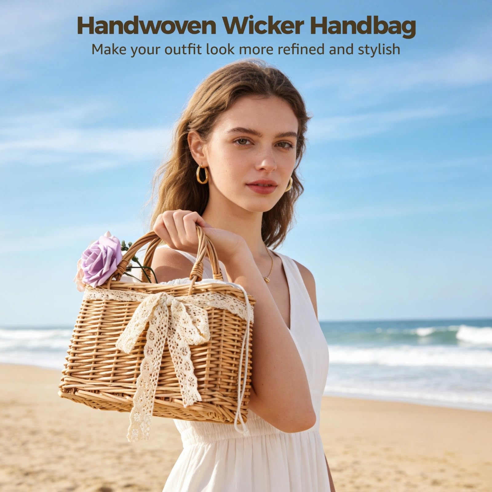 Panier en Osier tissé à la Main, Sac de Plage rectangulaire, Panier à Fleurs Portable Rustique en rotin avec Ruban décoratif et poignée Solide, idéal pour Voyage, Vacances et Mariage