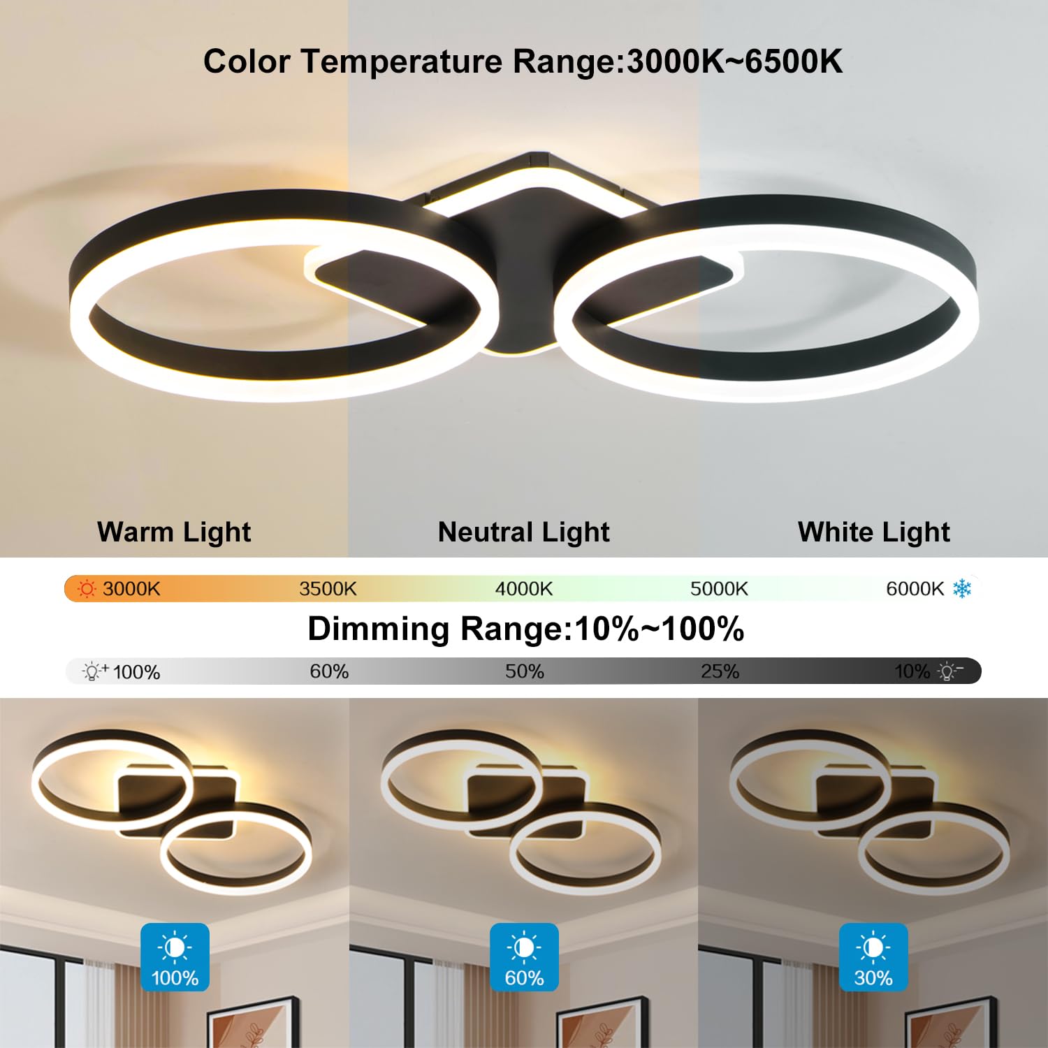 Lampa Sufitowa LED Ściemniania do Salonu Czarna 42W 65cm | Lampa Sufitowa do Sypialni z Funkcją Pamięci, Nowoczesna Oświetlenie Sufitowe z 2 Pierścieniami o Średnicy z Pilotem APP