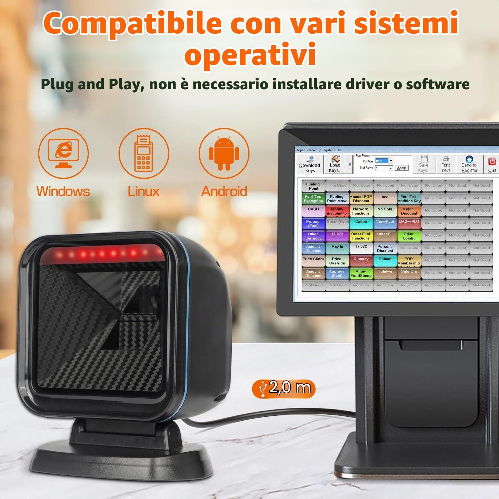 OBZ 1D 2D lettore Barcode da Banco, Lettore Codice a Barre cavo USB Cablato Lettore QR Code e Barcode per PC, Scanner di Codici a Barre da Tavolo Magazzino Supermercato Negozio POS