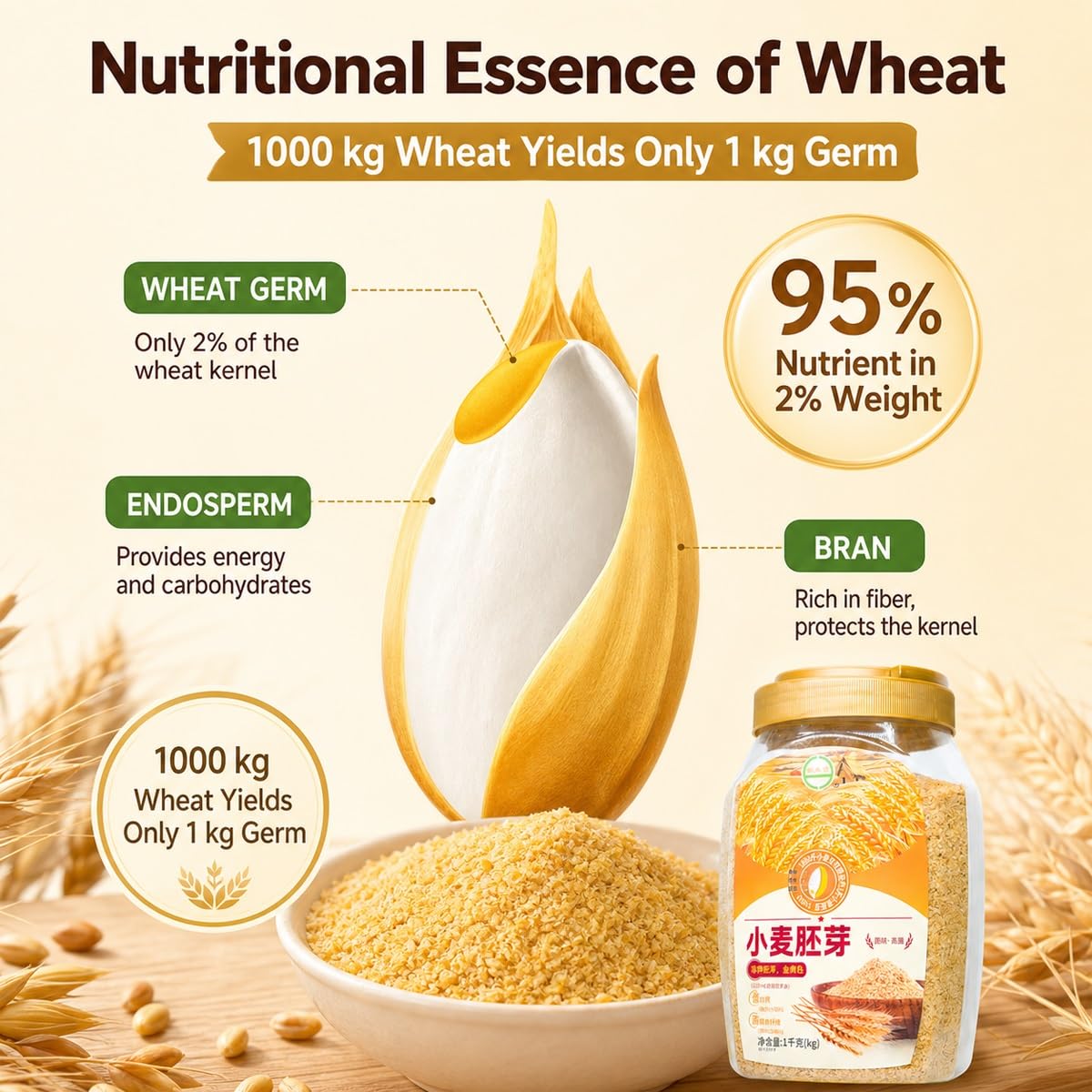 Fiocchi Di Germe Di Grano Tostato Istantaneo Bevanda Barattolo 1kg | Contenitore 1000g Cereali Cotti Bassa Temperatura Con Latte Caldo O Acqua. Sostituto Pasto Proteico Nutrizione Quotidiana.