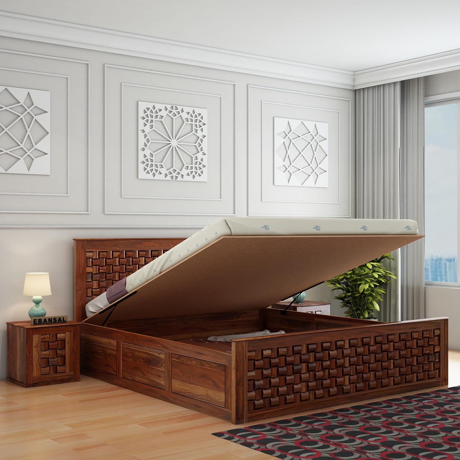 Solid Wood King Size Hydraulic Bed for Bedroom | Wooden Crafted from Premium Sheesham Wood | Bedroom Furniture Elegant Double Bed with Storage | Honey Finish (82X75X19.5 Inches)-image-36
