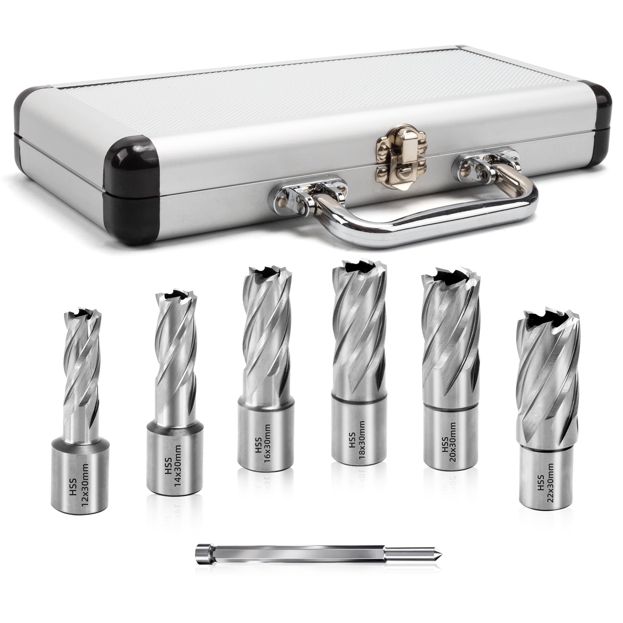 7-Stück HSS Kernbohrer-Satz mit 19 mm Weldonschaft und Auswerferstift,30 mm Schnitttiefe,Kobalthaltiger Schnellarbeitsstahl Kernbohrer für Magnetbohrmaschinen,Fräsmaschine (Größe:12,14,16,18,20,22mm)