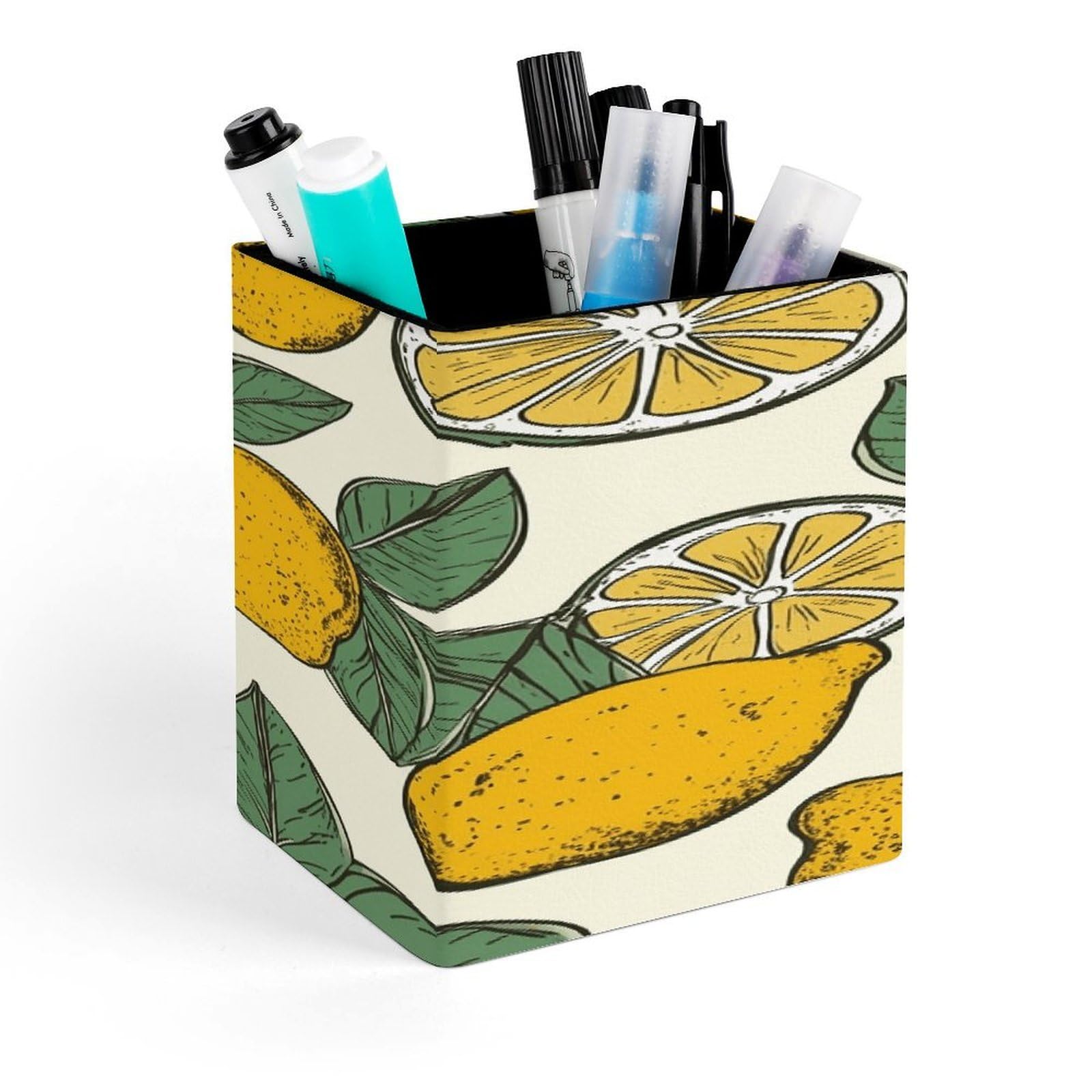 FekiLoot Lemon Fruit Pattern Pen Holder for Desk Minimalist Leather Pencil Holder Fashion Modern Pencil Cup Decorative Square Pen Cup Locker Organizer for Office Work Locker Accessories