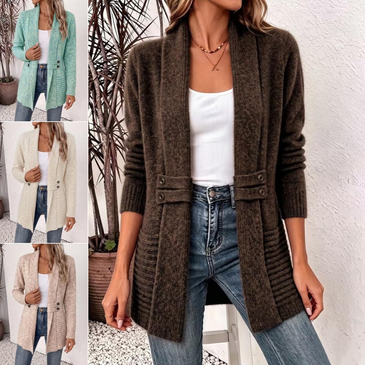 Gilet Long pour Femme Col Châle Ouvert sur Le Devant Veste en Maille Mi Longue Manteau Pull Léger et Décontracté Trench Coat en Maille pour Femme Veste De Mi Saison À Porter Au Quotidien