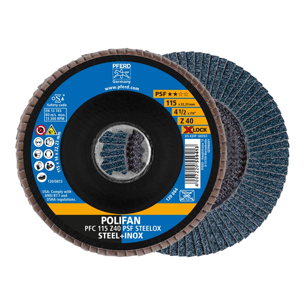 Lot De 10 Disques à Lamelles Polifan PFERD 115 Mm - Grain Z40 - X-LOCK 22,23 Mm - Pour Acier Et Inox
