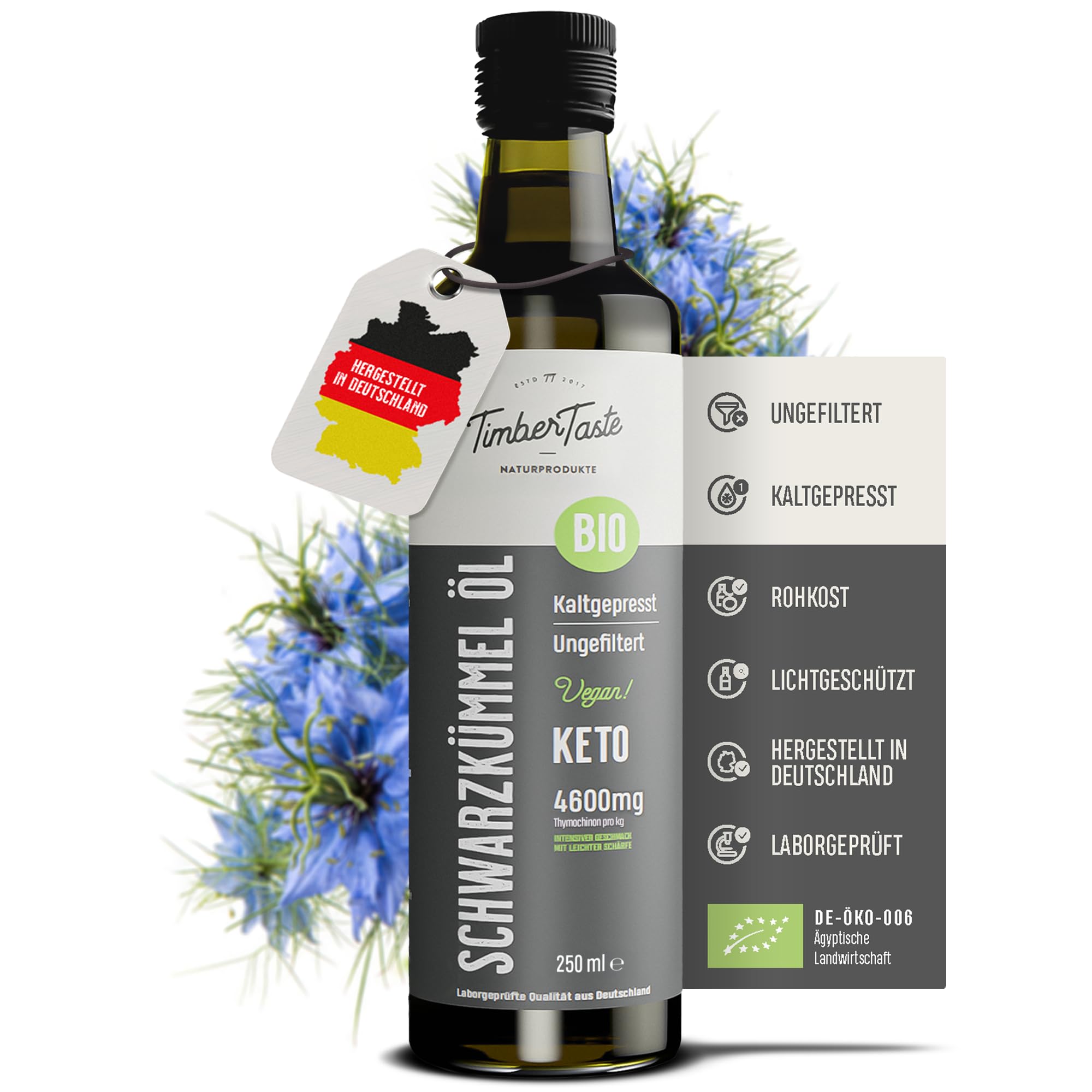 Black Seed Oil Bio Schwarzkümmelöl ungefiltert 250ml – Ägyptisches Schwarzkümmel Öl mit hohem Thymochinongehalt (4600 mg/1000 ml) aus deutscher Ölmanufaktur