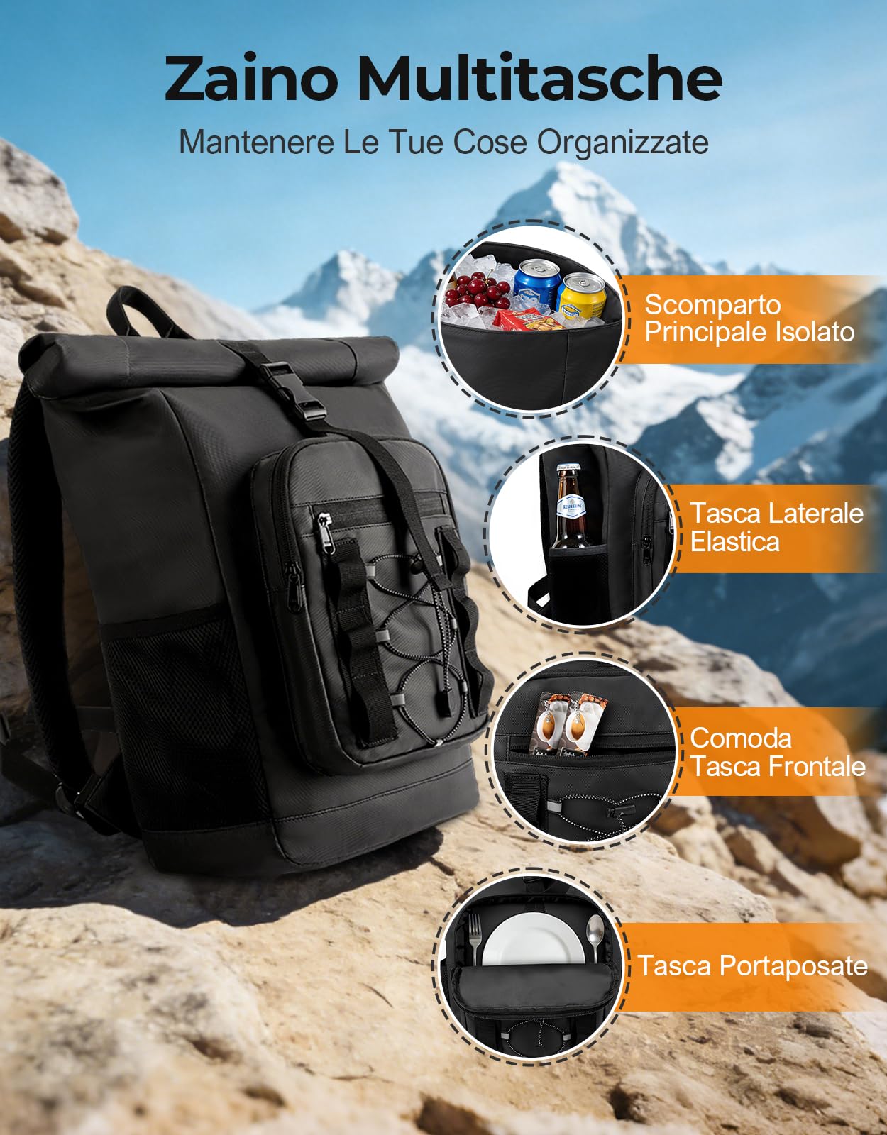 ISEYOU Zaino Termico Rolltop 24L Impermeabile Borsa Termica Porta Pranzo per Picnic BBQ Campeggio