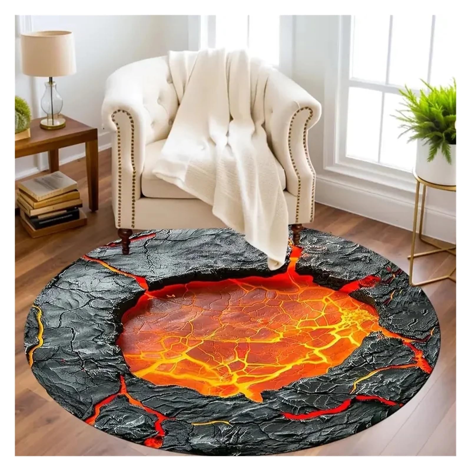 Tapis illusion d'optique grand format rond effet visuel feu et sol fissuré