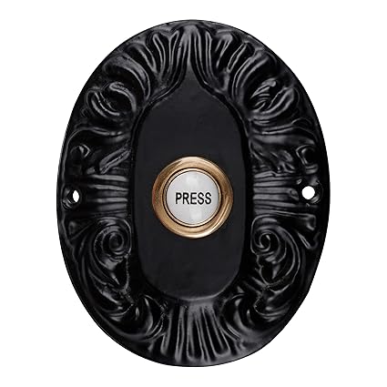 Wired Iron Doorbell Chime with Brass Porcelain Push Button Vintage in Black Powder Coat Finish Decorative Door Bell with Easy Installation, 3 7/8