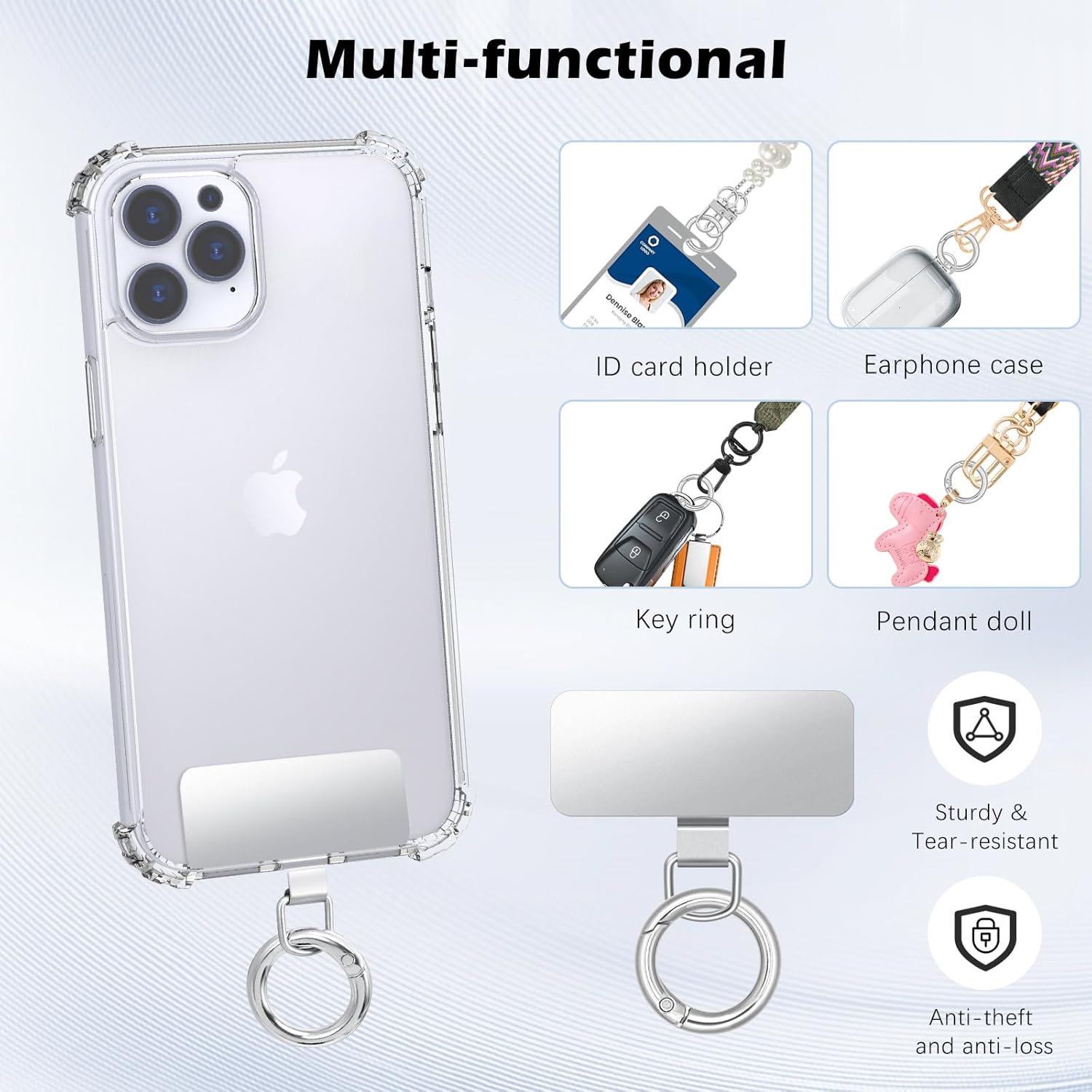 MoKo 2pcs Phone Tether Tab, Stainless Steel Cell Phone Lanyard Pads, Phone Strap Replacement Part with 2pcs Spring Rings, Phone Strap Connector Tether Tabs for Most Full Coverage Phone Cases, Silver - Image 6