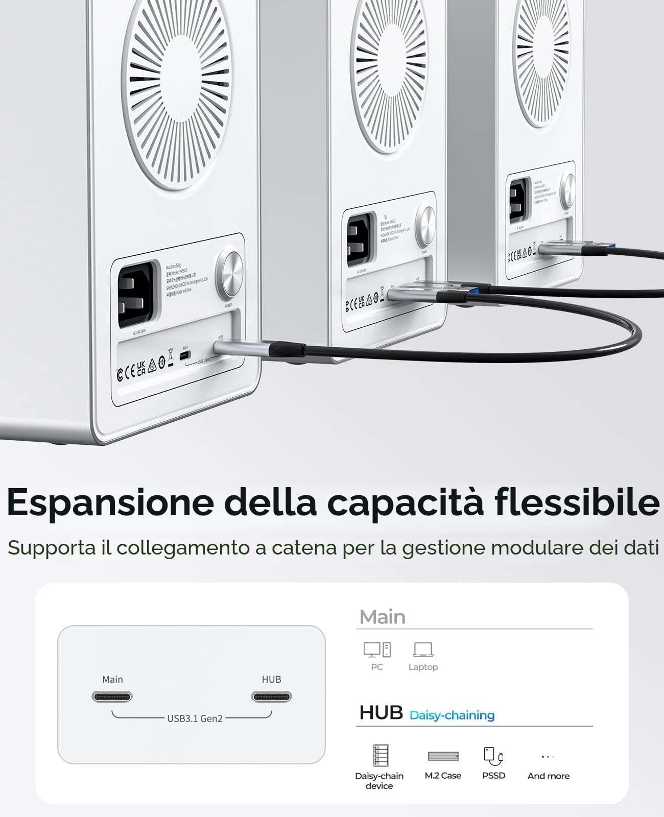 ORICO 5BIG Enclosure per disco rigido SATA HDD/SSD da 2,5/3,5 Pollici fino a 5 x 22 TB, Alluminio USB 3.1 Docking Station per Hard Disk, 10Gbps, Supporta Daisy Chain (9958C3)