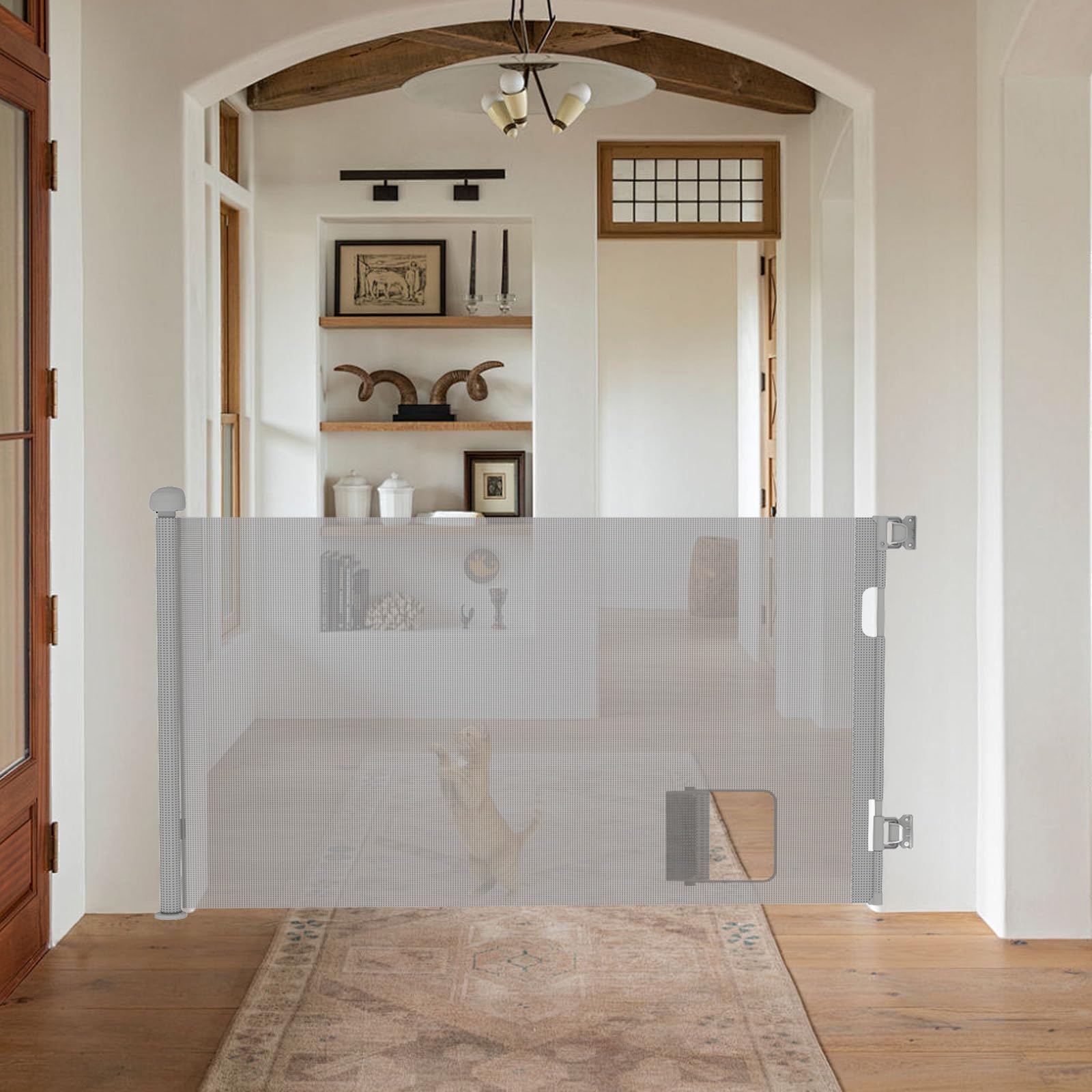 homewell 150cm Treppenschutzgitter Ausziehbare für Babys, Türschutzgitter mit Katzenklappe, Türschutz für Treppen/Türen/Innen & Außen, Einhändig Bedienbar
