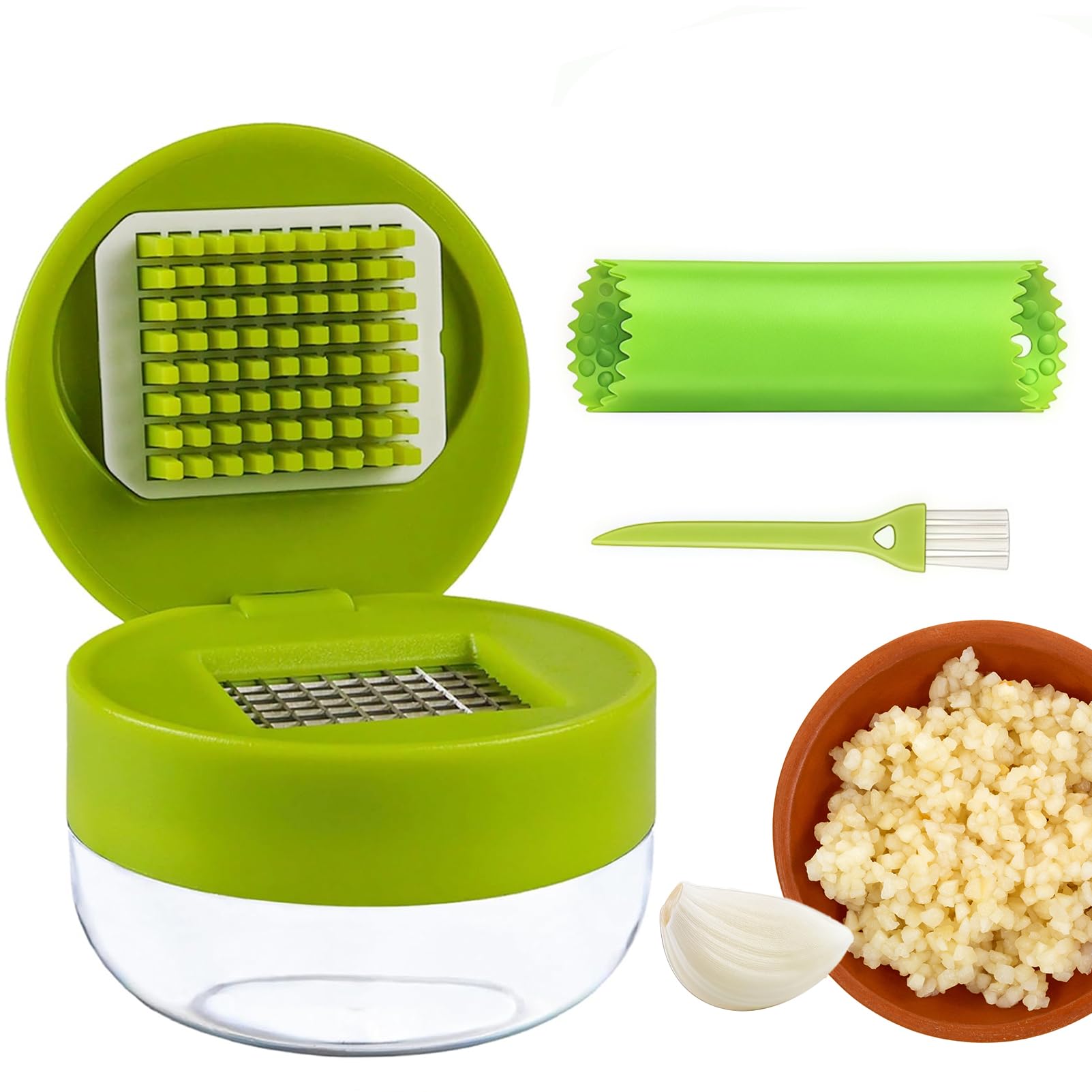 3-in-1 Garlic Press Set, ​Stainless Steel Garlic Mincer​ with ​Garlic Peeler​ & Cleaning Brush, ​Garlic Crusher​ Tool with Storage Container for Kitchen Cooking (Green)