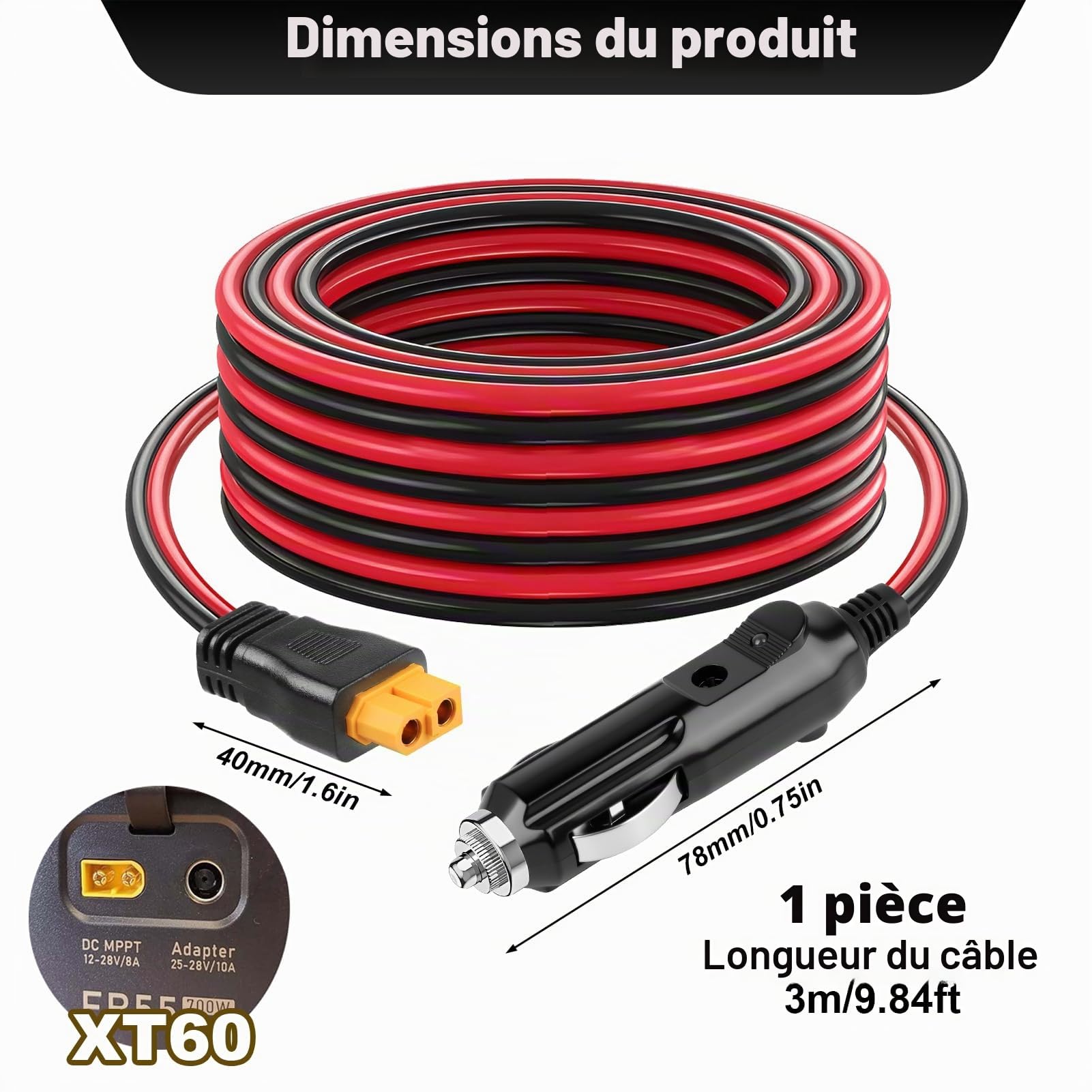Câble allume-cigare 12 V/24 V vers XT60, adaptateur CC XT60 de 3 m, 16 AWG, chargeur de voiture pour BLUETTI Power Station EB55/AC2A/AC70, Anker 757/767, SOLIX C200 C300, générateur solaire Ecoflow
