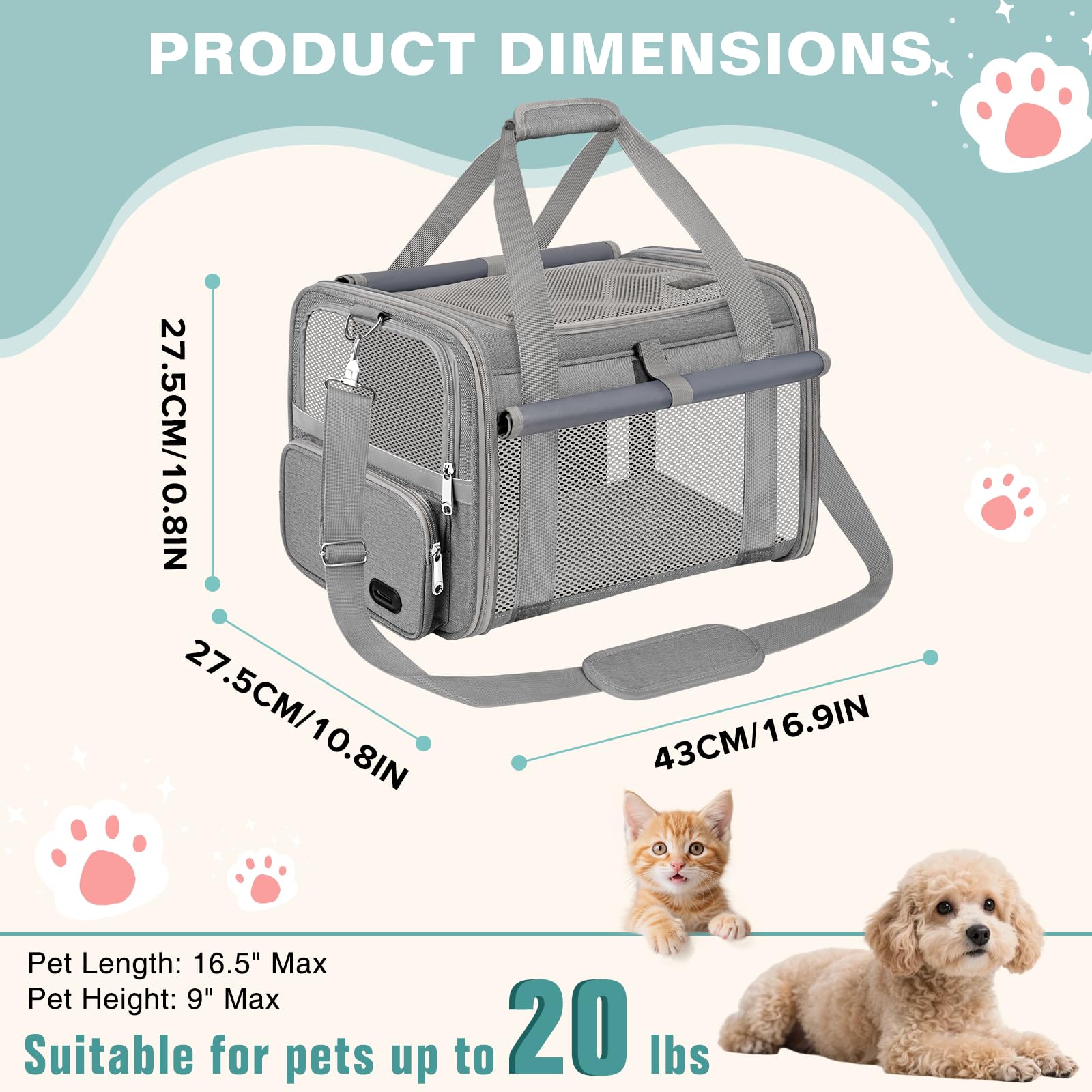 Sac Transport Chat Approuvé Aviation Sac Transport Chien Respirant et Pliable Caisse de Transport Chat avec Bandoulière Réglable Portable Cage Transport Chat avec Tapis Réversible (Gris)