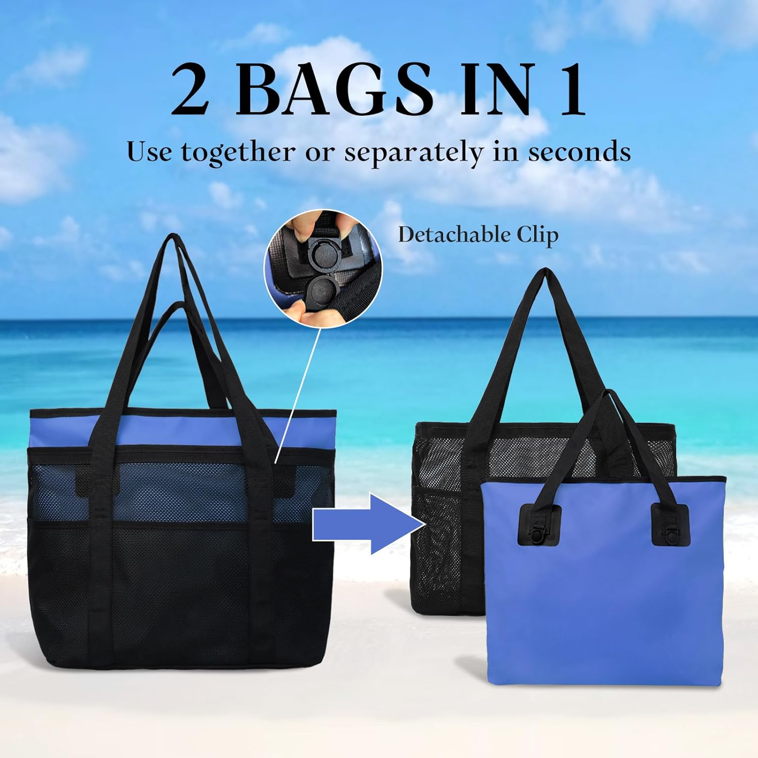 miss fong Mesh Beach Bag - Beach Bags for Women Pool Bag Swim Bag – 2-in-1 Waterproof Beach Tote Bag Wet/Dry Separation