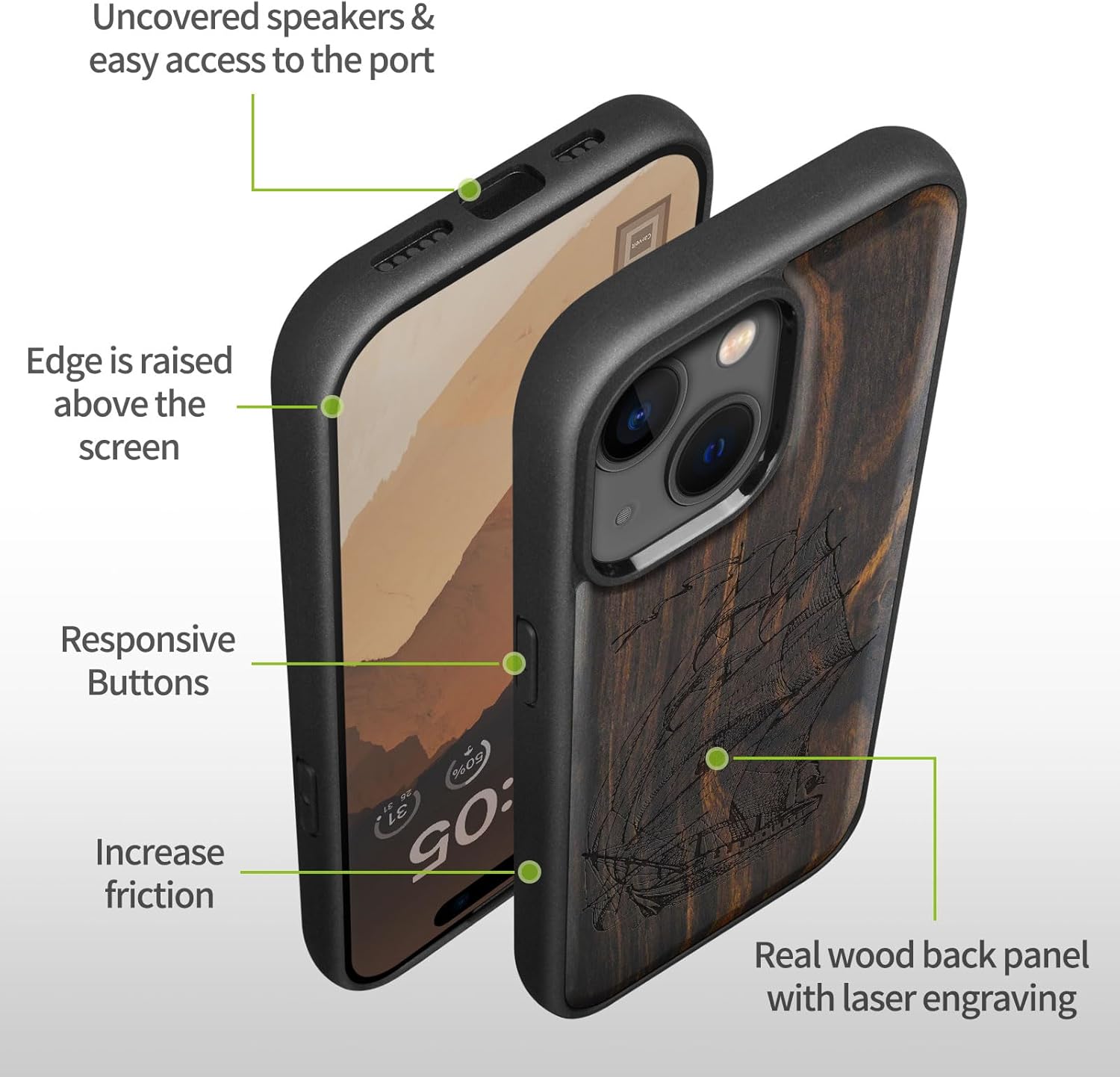 Carveit Magnetic Wooden Case for iPhone 15 Case, Compatible with MagSafe Wireless Chargers, Black Soft TPU Shockproof Cover & Wood Artisan Engraved (Pirate Ship) - Blackwood
