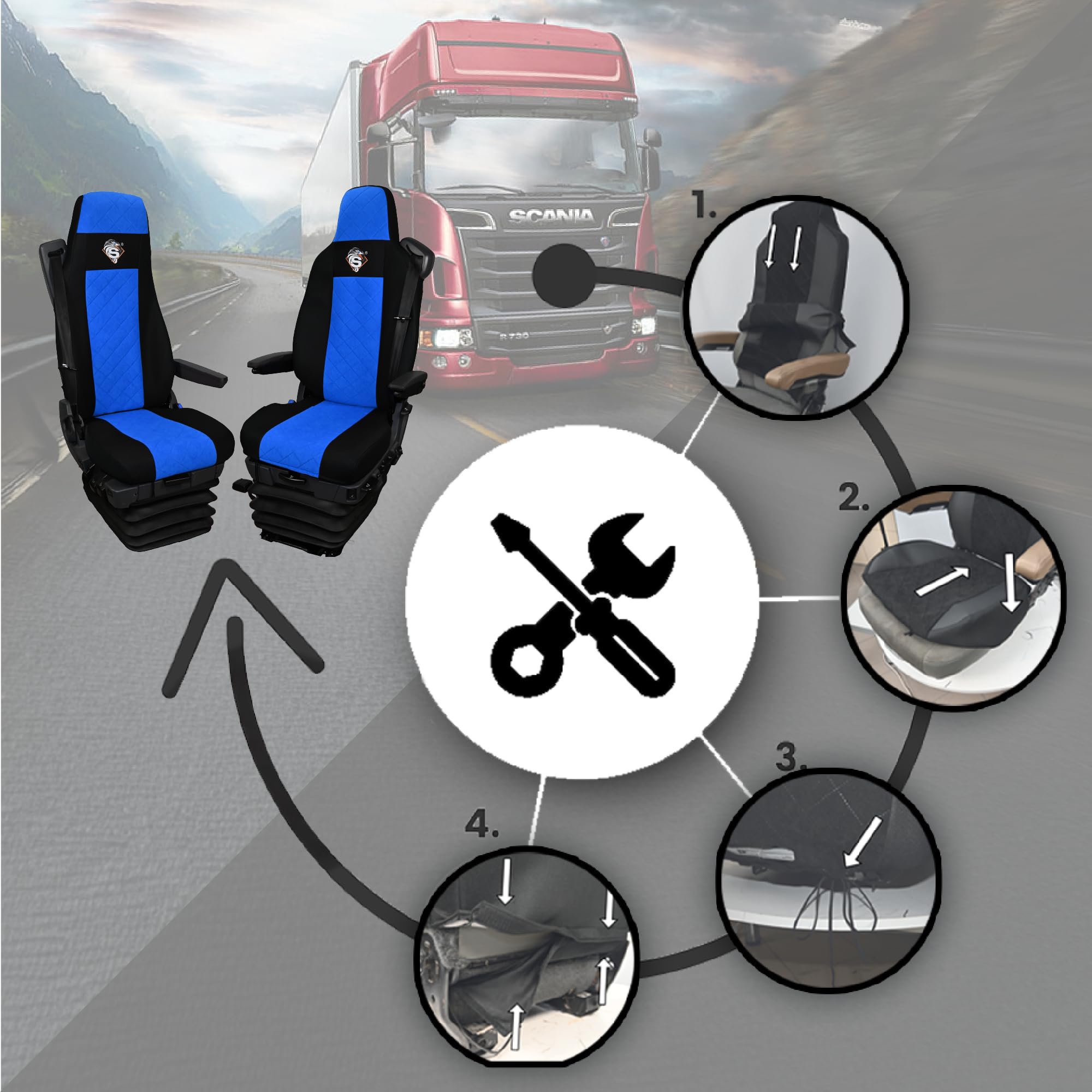 SABA Funda de Asiento para Scania Serie R Desde 2013, Serie S Desde 2017, Asientos Dobles, Asiento del Conductor Premium, Asiento del Pasajero BÁSICO - CONFIGURACIÓN E Azul