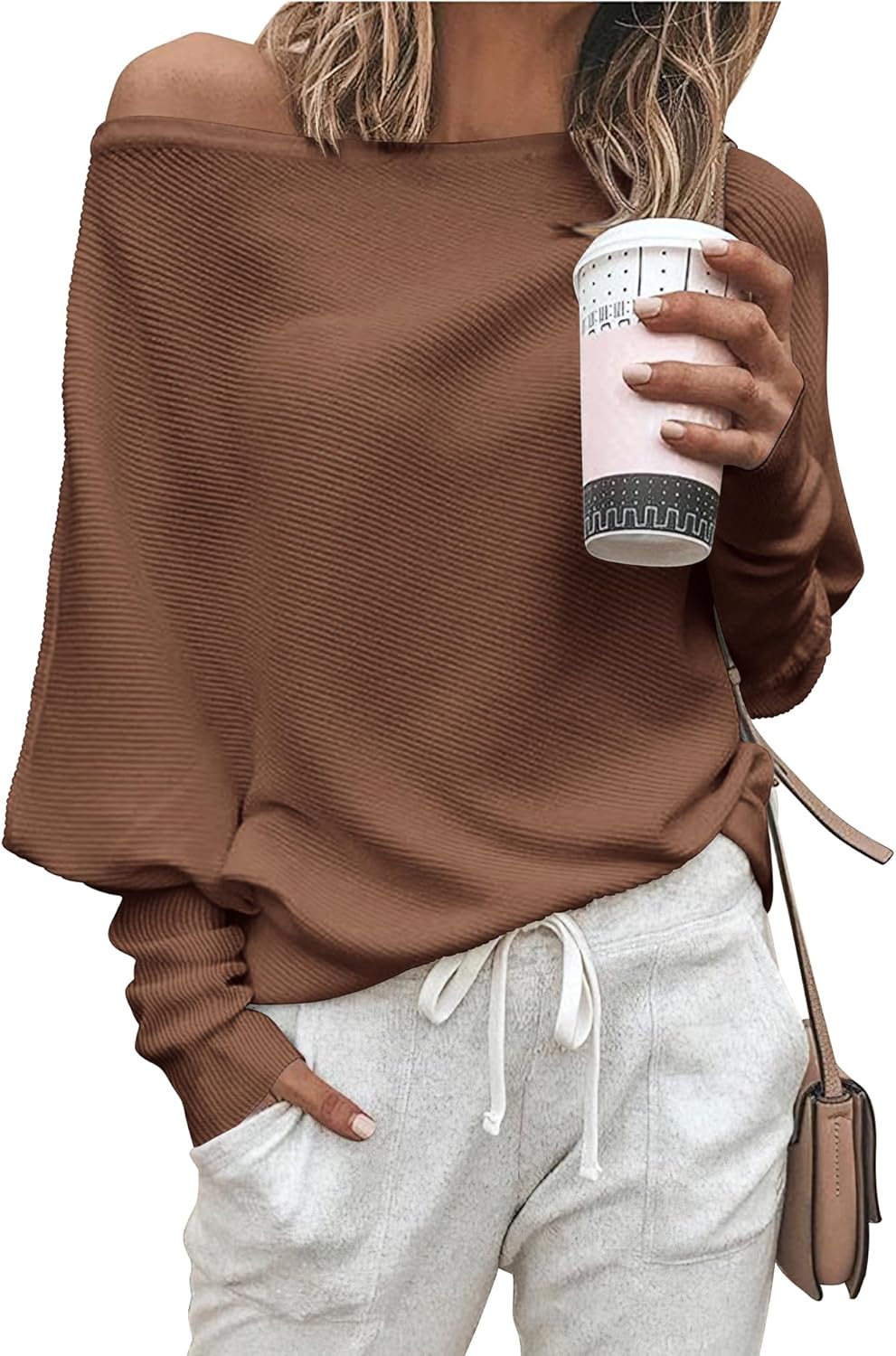 Zenlonr Women's Fall Sweaters 2026 Casual Long Batwing Sleeve Loose Off Shoulder Knit Pullovers Jumper Tops