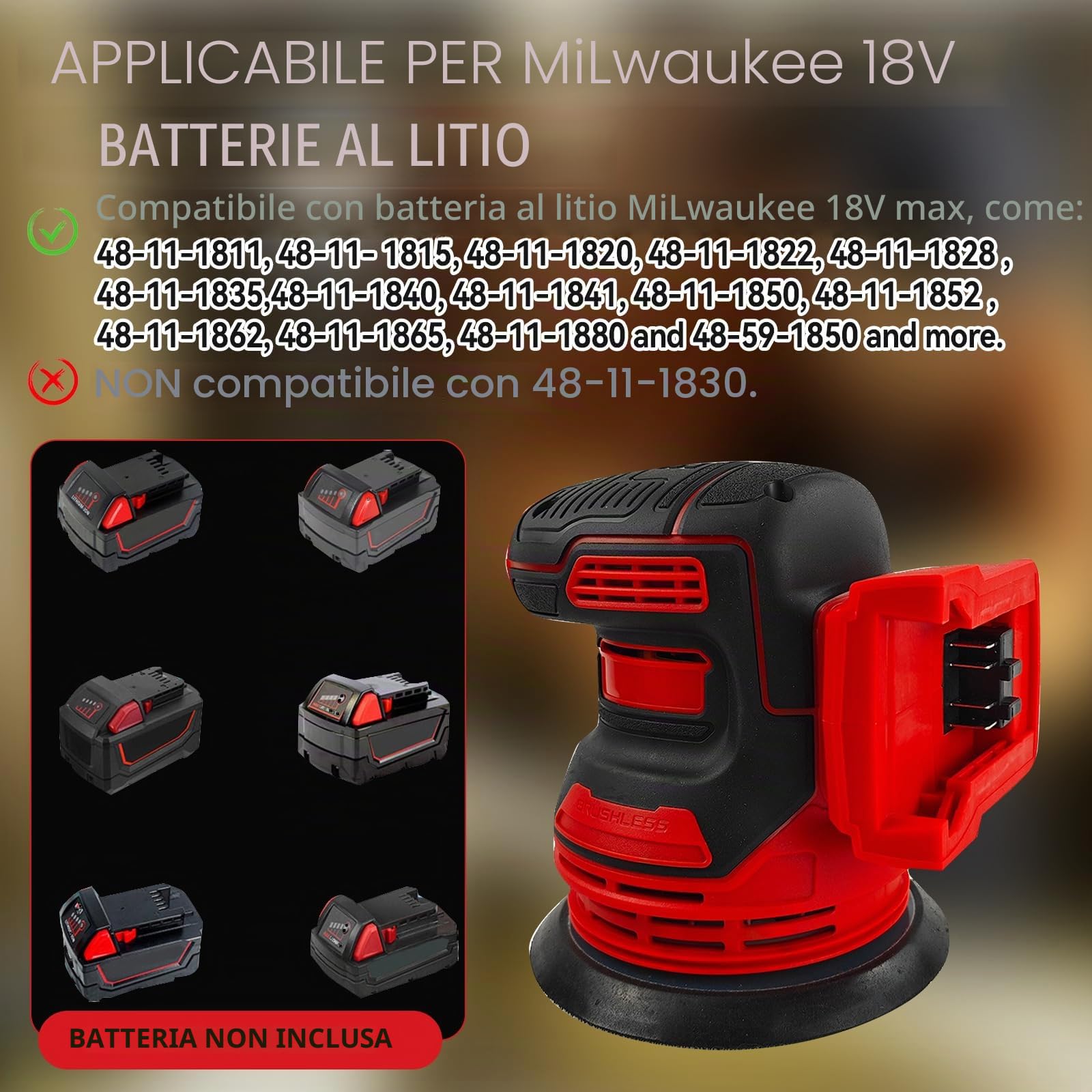 Levigatrice orbitale senza spazzole per Milwaukee M18 a batteria da 18 V, levigatrice eccentrica a batteria da 125 mm, con 20 fogli di carta vetrata da 125 mm, rotazione a 3 velocità, 8 fori