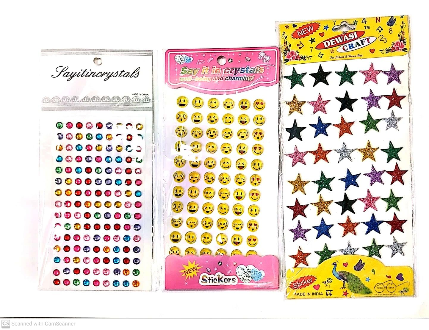Sticker Combo of Glitter Star,Crystal Smiley and Crystal Multicolor Round Stones Self-Adhesive for Art & Craft Sticker DIY Craft Decoration, Project Activity - 3 Sheets