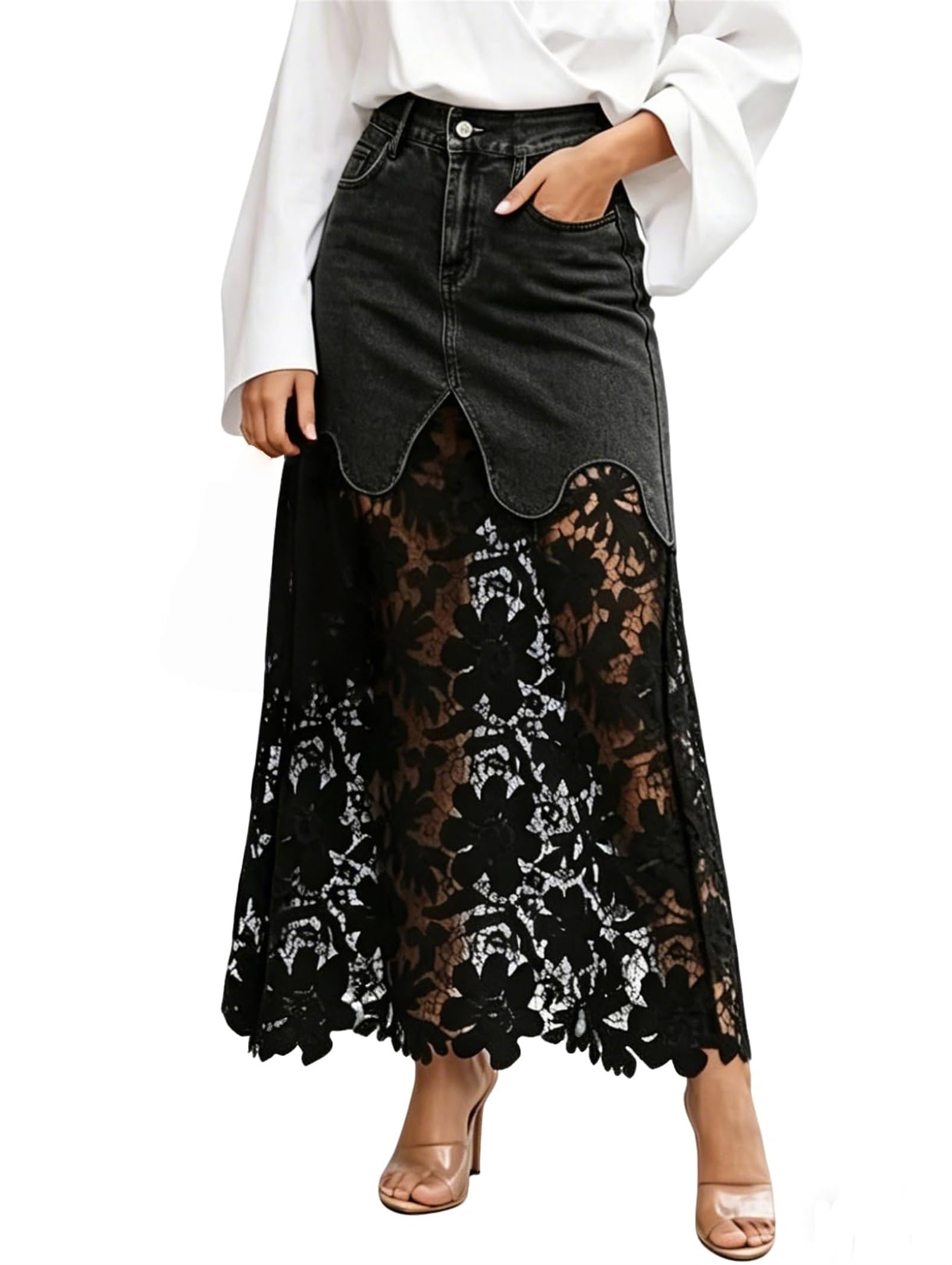 Genérico Falda Vaquera Larga para Mujer, Estilo Patchwork con Encaje y Ojales; diseño Fluido de Corte en A, Talle Alto, Estilo Boho, con Estampado Floral, Detalles de Malla Transparente.