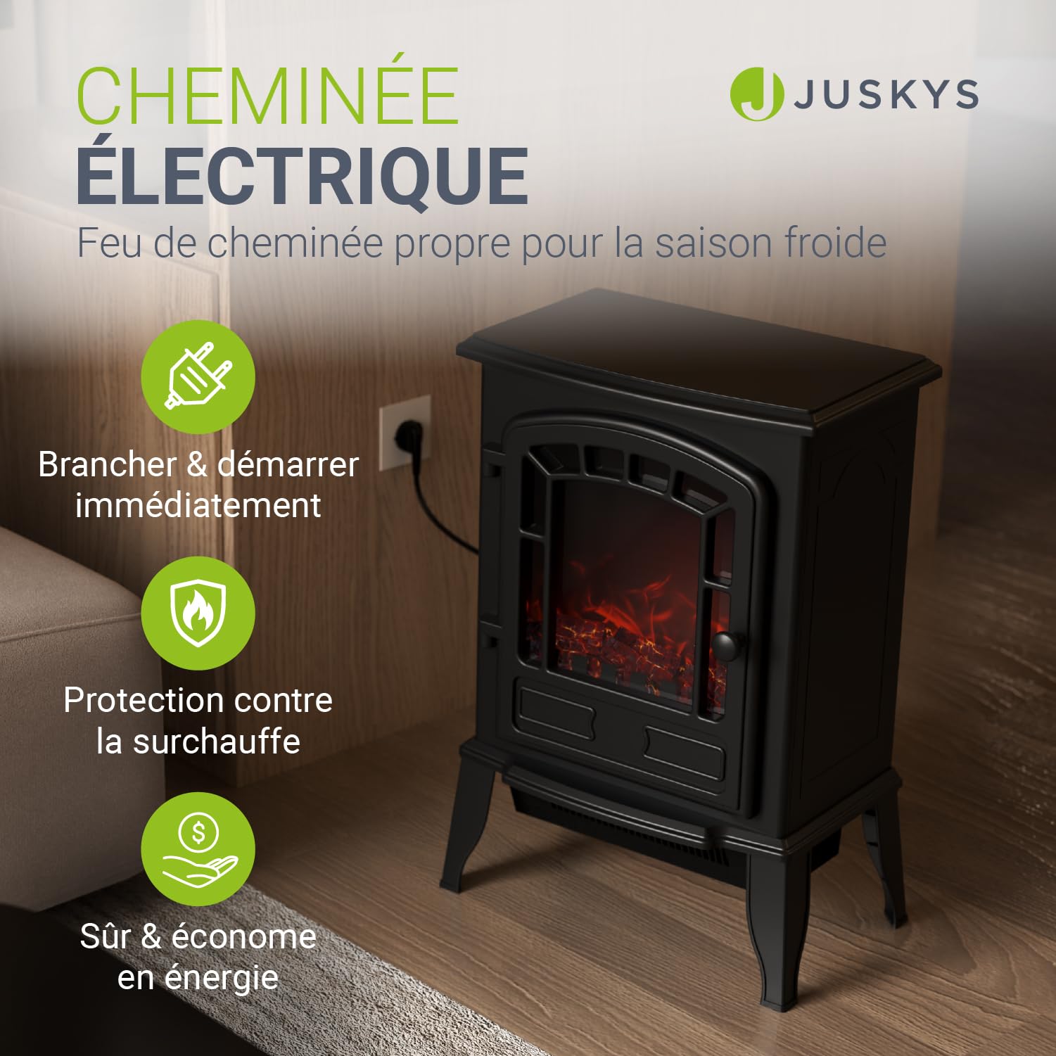 Juskys Kominek elektryczny 2000 W – czarny, elektryczny kominek stojący z efektem płomienia, 2 stopnie ogrzewania, termostat i wyłącznik bezpieczeństwa do salonu