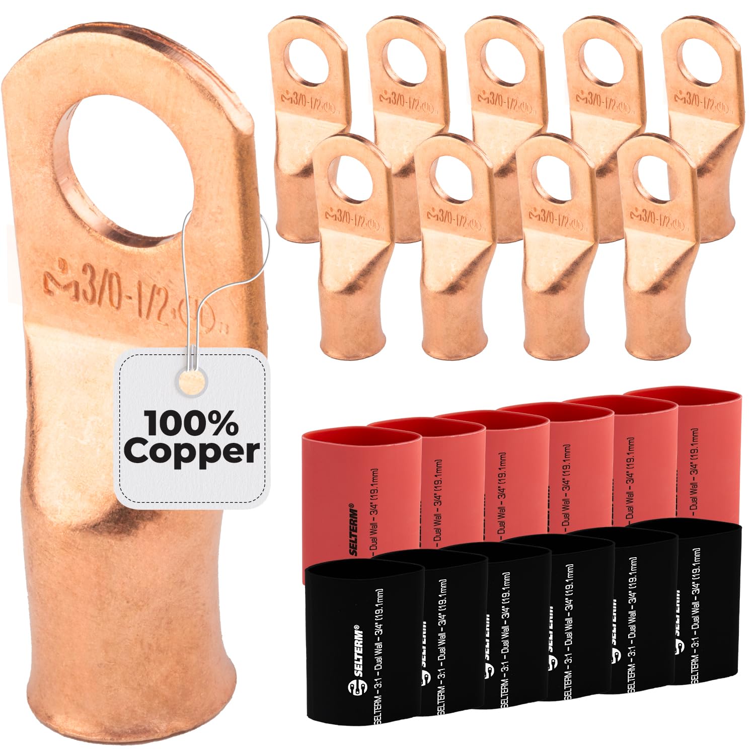 Bornes de batería de alta pureza Selterm terminales de anillo 3/0 Awg para perno 1/2" con retractilado sellado 8