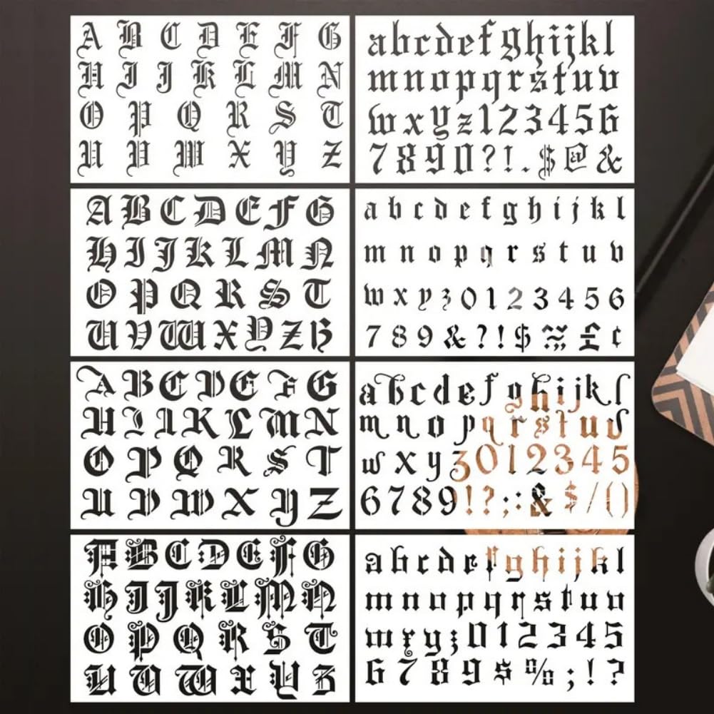 Ornaous 8Pcs Plastic Old English Letter Stencils for Painting, 1 Inch Gothic Alphabet Calligraphy Templates with Numbers, Signs for Painting on Wood