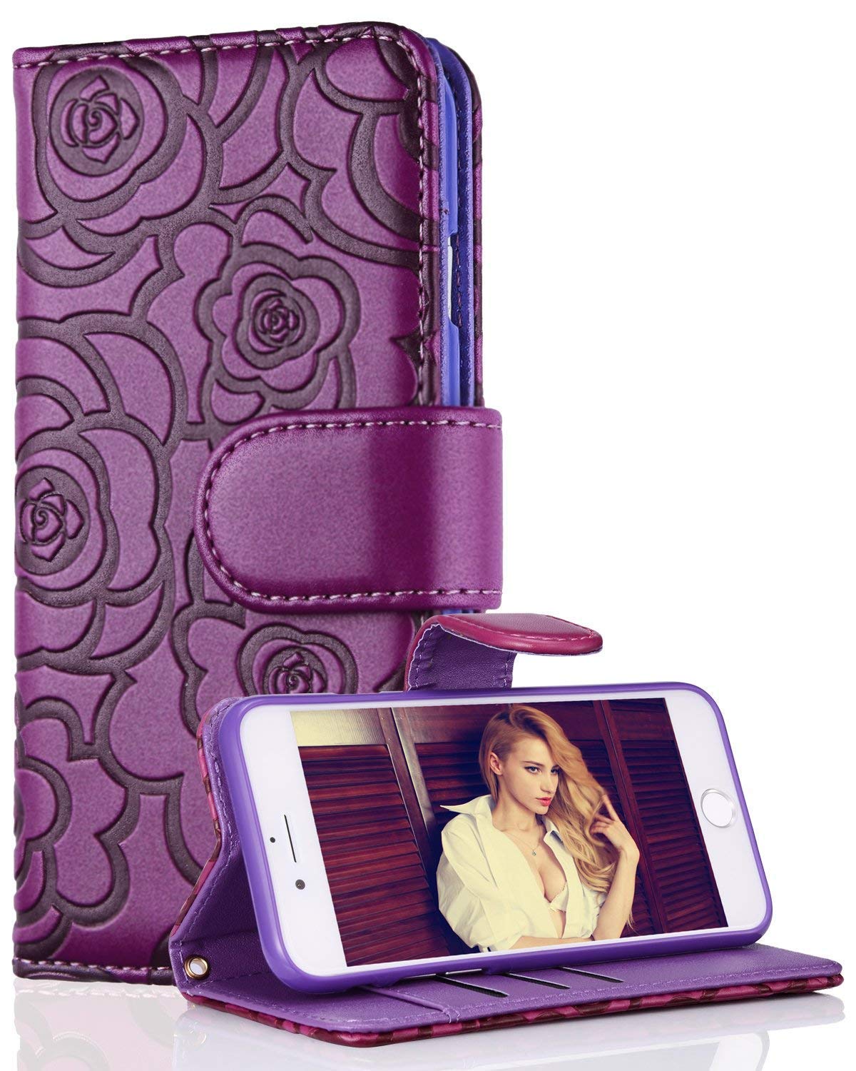 FLYEE Case Compatible with iPhone Xs Max(6.5 inch,2018 Release),Wallet Case for Women and Girls with Card Holder,PU Flip Wallet Leather[Emboss Flowers] Magnetic with Card Slots and Wrist Strap-Purple