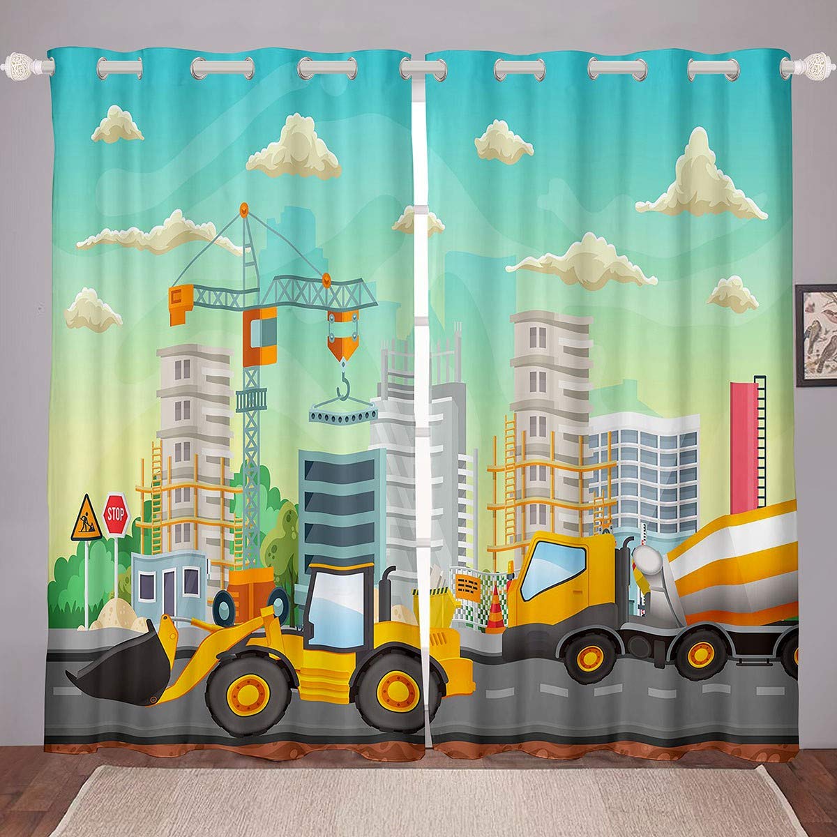 Loussiesd Kids Construction Site Curtains for Bedroom Living Room Heavy Machine Crane Excavator Curtains for Kids Boys Children Cartoon Car Windows Drapes Vehicle Room Decoration,W46*L72