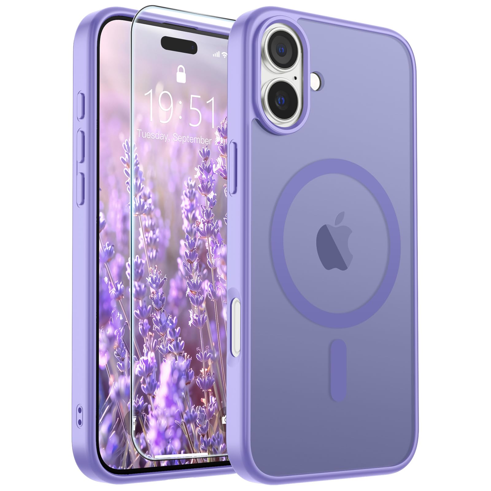 SUPFINE Magnetic for iPhone 16 Case Purple | With Screen Protector, Translucent Matte, Compatible with MagSafe, Military Grade Drop Proof, Rugged Shockproof Protective