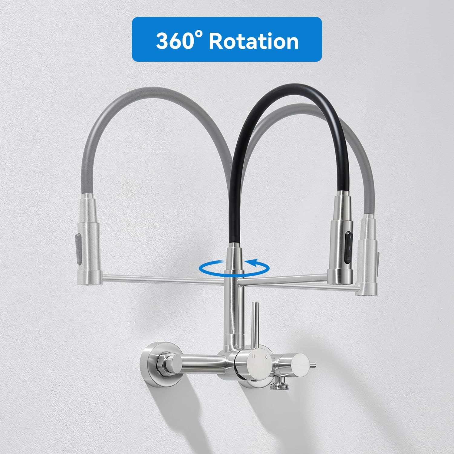 Wasserhahn Küche Wandmontage mit 3/4 Zoll Anschluss, Küchenarmatur Wand für Geschirrspüler/Waschmaschine, Wandarmatur mit 3 Strahlarten, 360° Drehbar Flexibler Auslauf, Gebürstetes