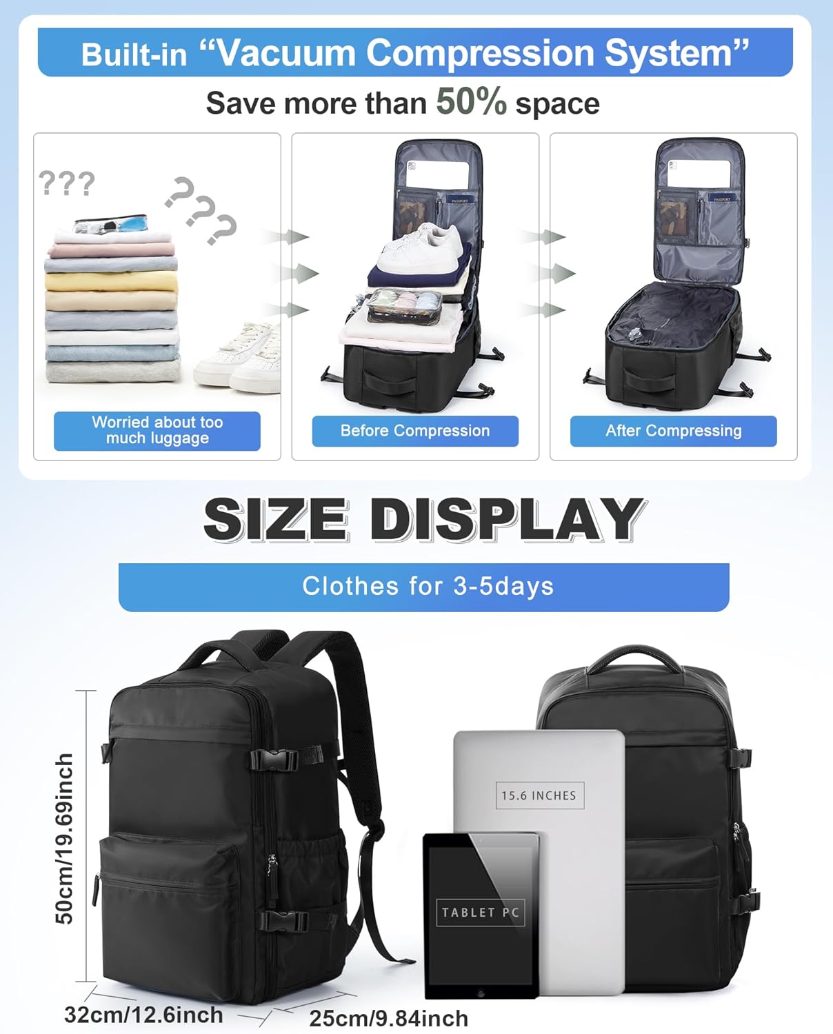 winspansy Vacuum Backpack Travel Essentials with Air Pump Compression Bags for Travel Carry on Flight Approved Seal Vacpack Personal Item Backpack with Vacuum System for Women Men Black