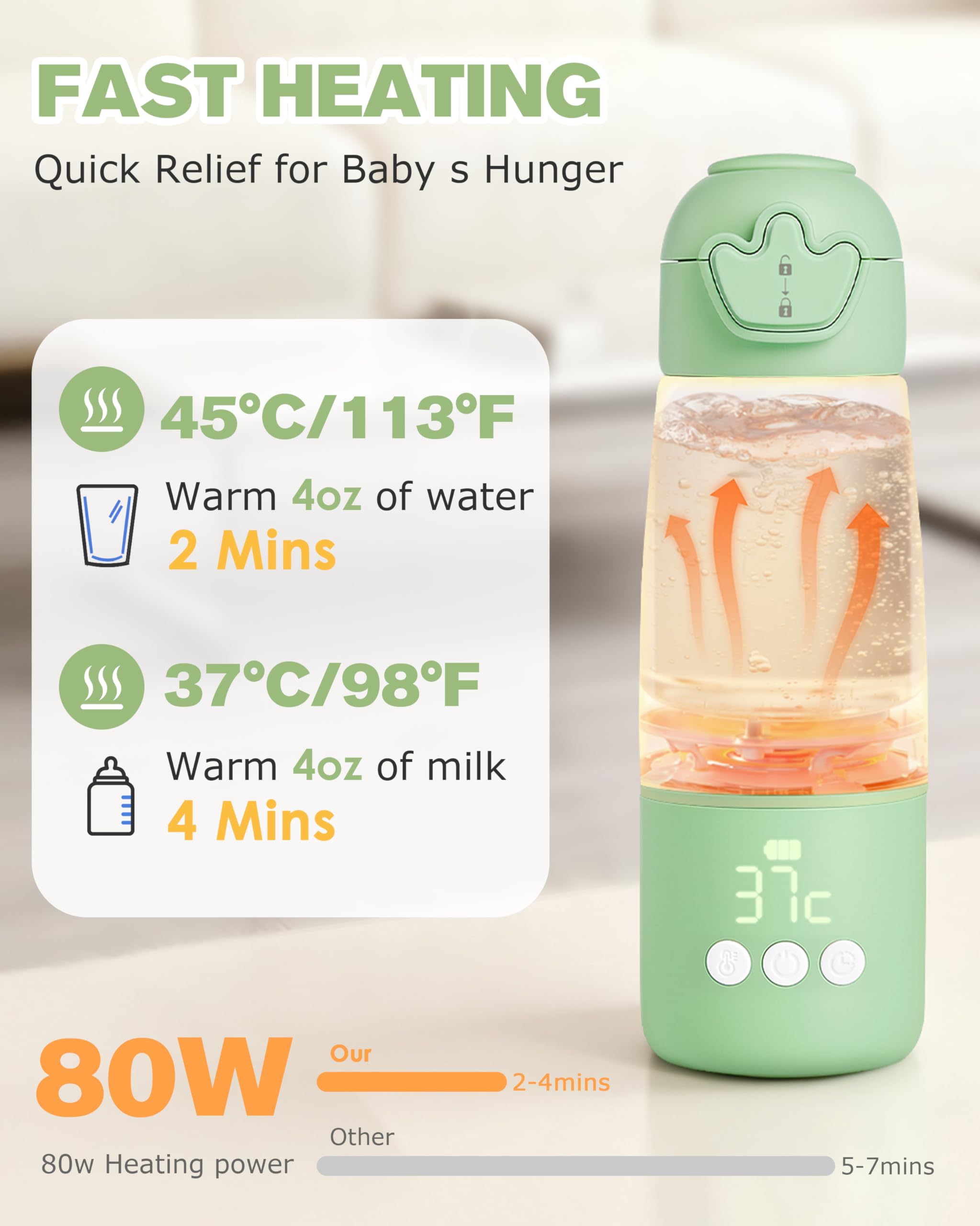 Lilian&Gema Tragbarer Flaschenwärmer Baby Unterwegs, Schnelles Aufheizen Muttermilch Wasser In 3 Min, 350ml Kapazität + 11400mAh Lange Akkulaufzeit, Auslaufsicher, Präzise Temperatursteuerung