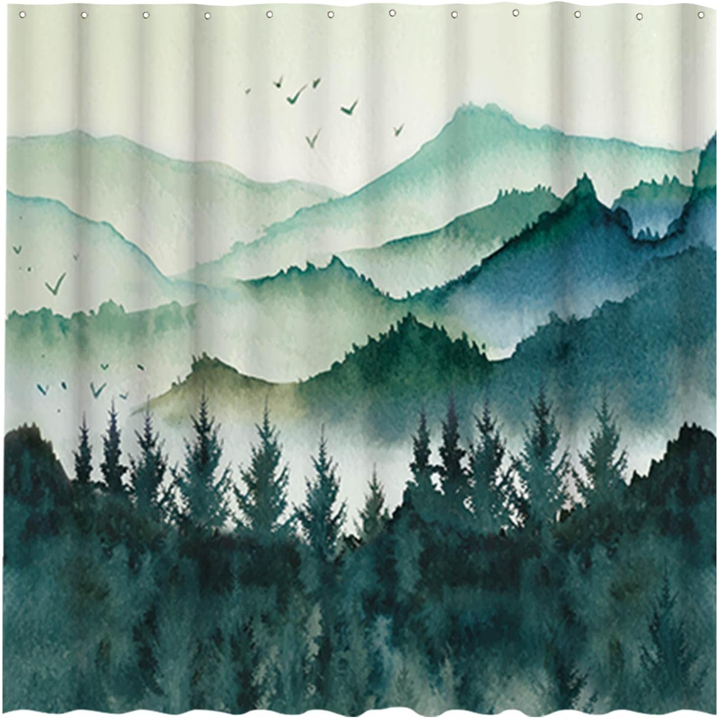 Allenjoy 72x72 Watercolor Mountain Forest Landscape Teal Shower Curtain for Bathroom Sets Green Misty Home Bath Nature Bathtub Decorations Durable Waterproof Fabric Machine Washable with 12 Hooks