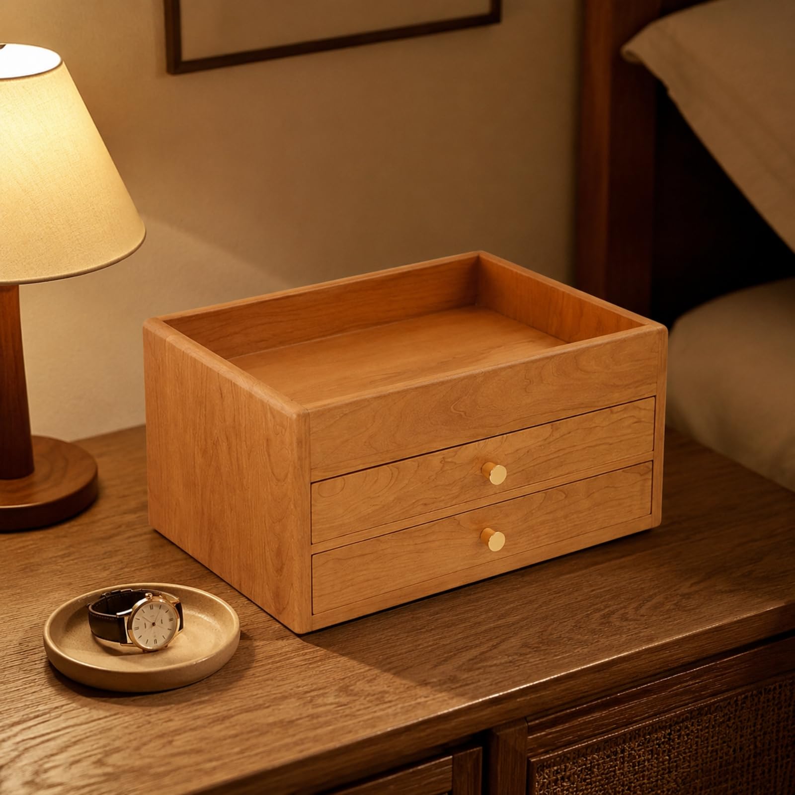 Cassettiera da Scrivania in Legno di Ciliegio Pratico Cassettiera con Due Cassetti e Scomparto Aperto Resistente Contenitore per Ufficio