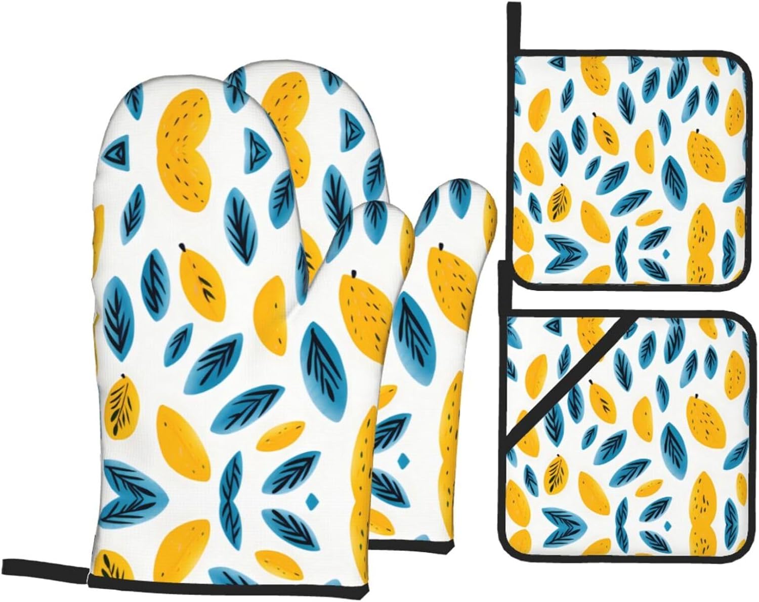 Yellow Mango Pattern Printed Oven Mitts + Potholders 4-Piece Set - Great for BBQ Party Cooking