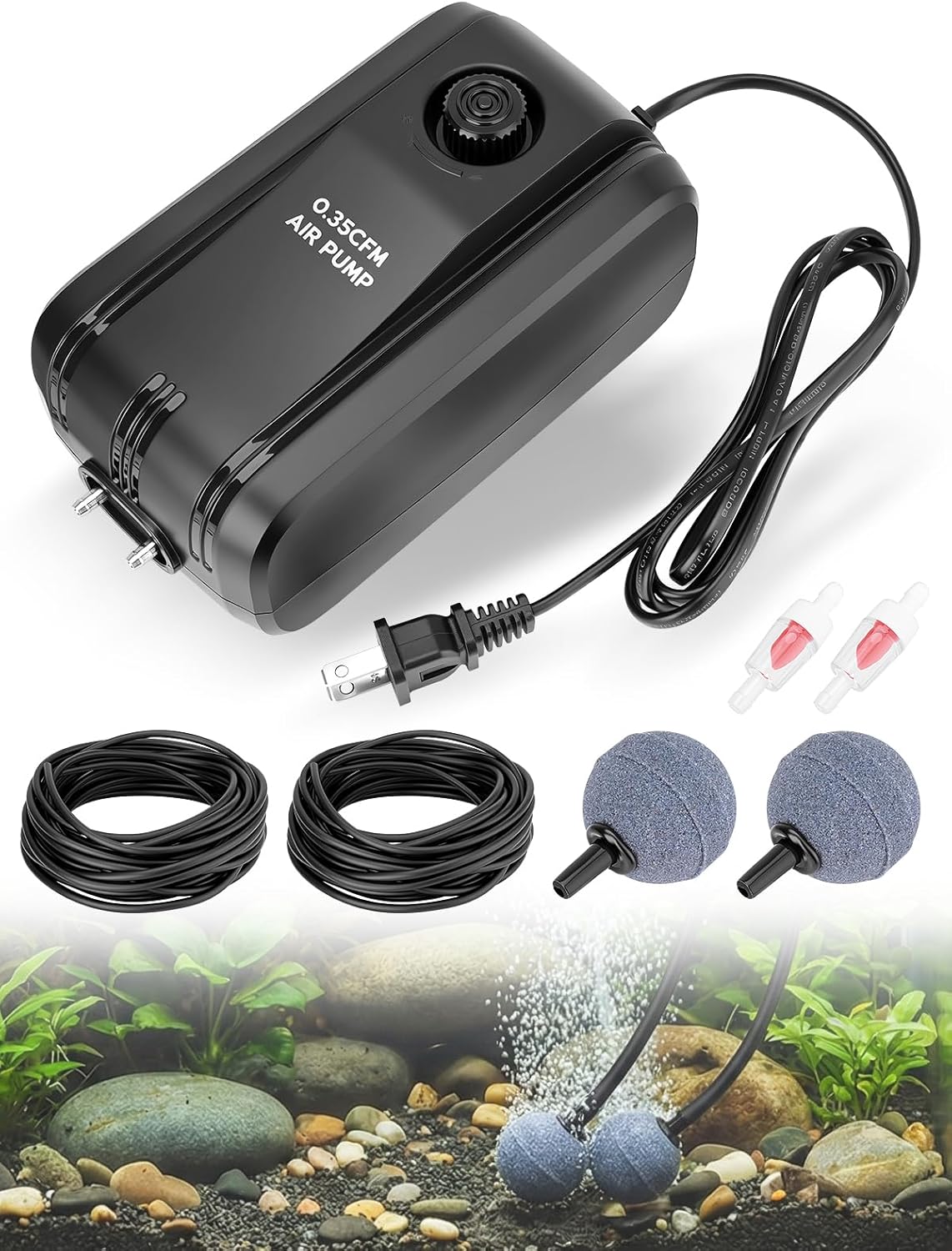 Pond Aerator 2 Outlets Air Pump Pond Aeration Kit with 30Ft Airline Tubings, 2 Check Valves & Air Stones, 5W Complete Pond Air Pumps for Small Fish Ponds up to 1400 Gallons and 4 Feet Deep