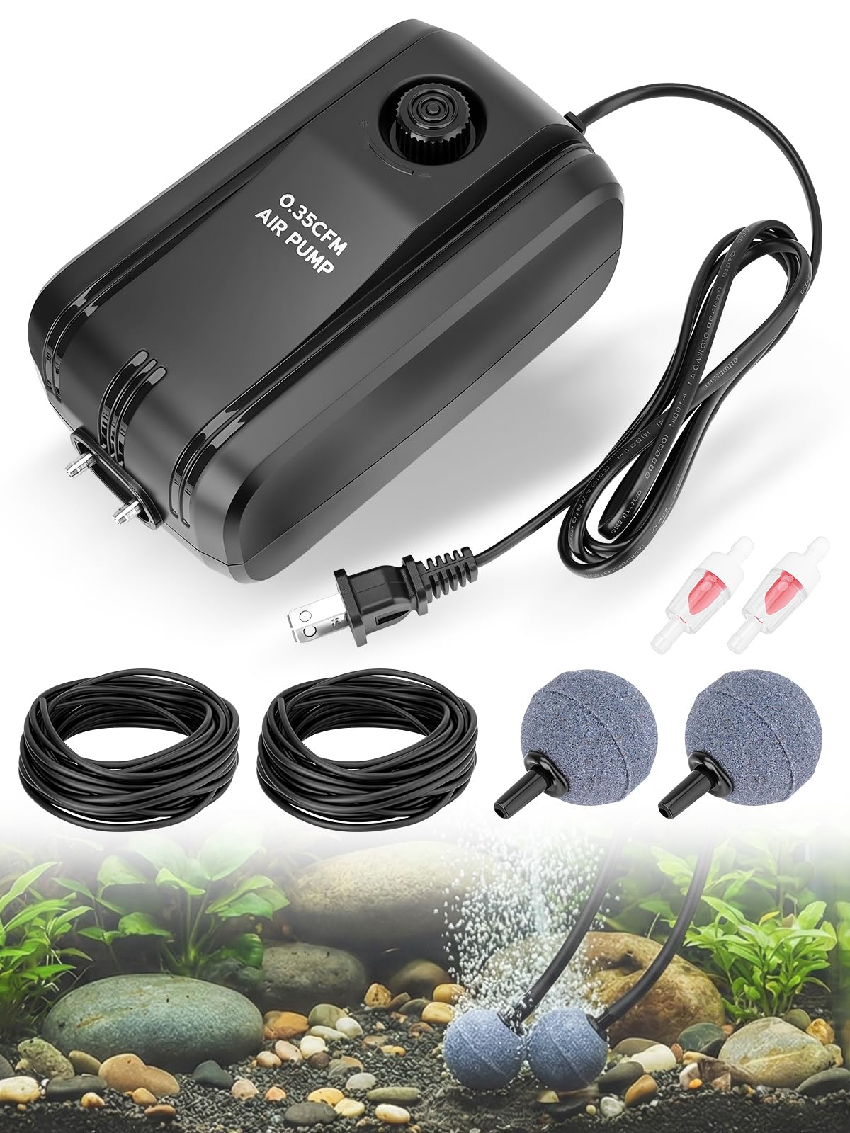 Aeratore per laghetto con 2 uscite, kit di aerazione per laghetto con tubi aerei da 9 m, 2 valvole di ritegno e pietre d'aria, pompe ad aria complete da 5 W, per piccoli laghetti fino a 1400 galloni e