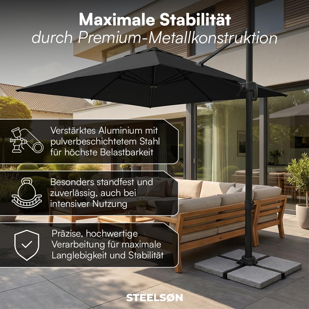 STEELSØN Elaris Premium Sonnenschirm rechteckig 300x300 cm – Ampelschirm inkl. Schutzhülle – Gartenschirm neigbar & 360° drehbar – Sonnenschutz UV50+ wetterfest – robustes Aluminium Gestell - schwarz