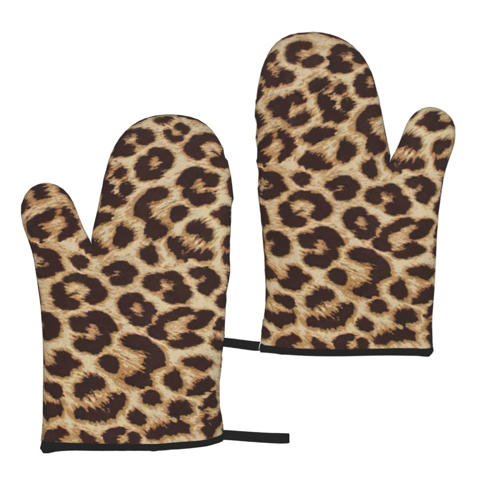 Nimongt Women's Black Leopard Pattern Print Adults Universal Fit Heat Resistant Oven Gloves Reusable Cooking Outdoor Grilling
