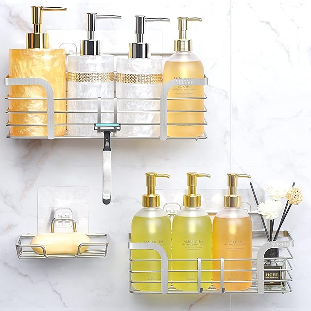 Yougai 3pcs Set Shower Caddy without Drilling Shelves Wall Shelf Shower Shelf Soap Dish Stainless Steel with 5 Hooks,Bathroom Shelf with 4 Adhesive Surfaces for Shower Storage Bathroom Shelf