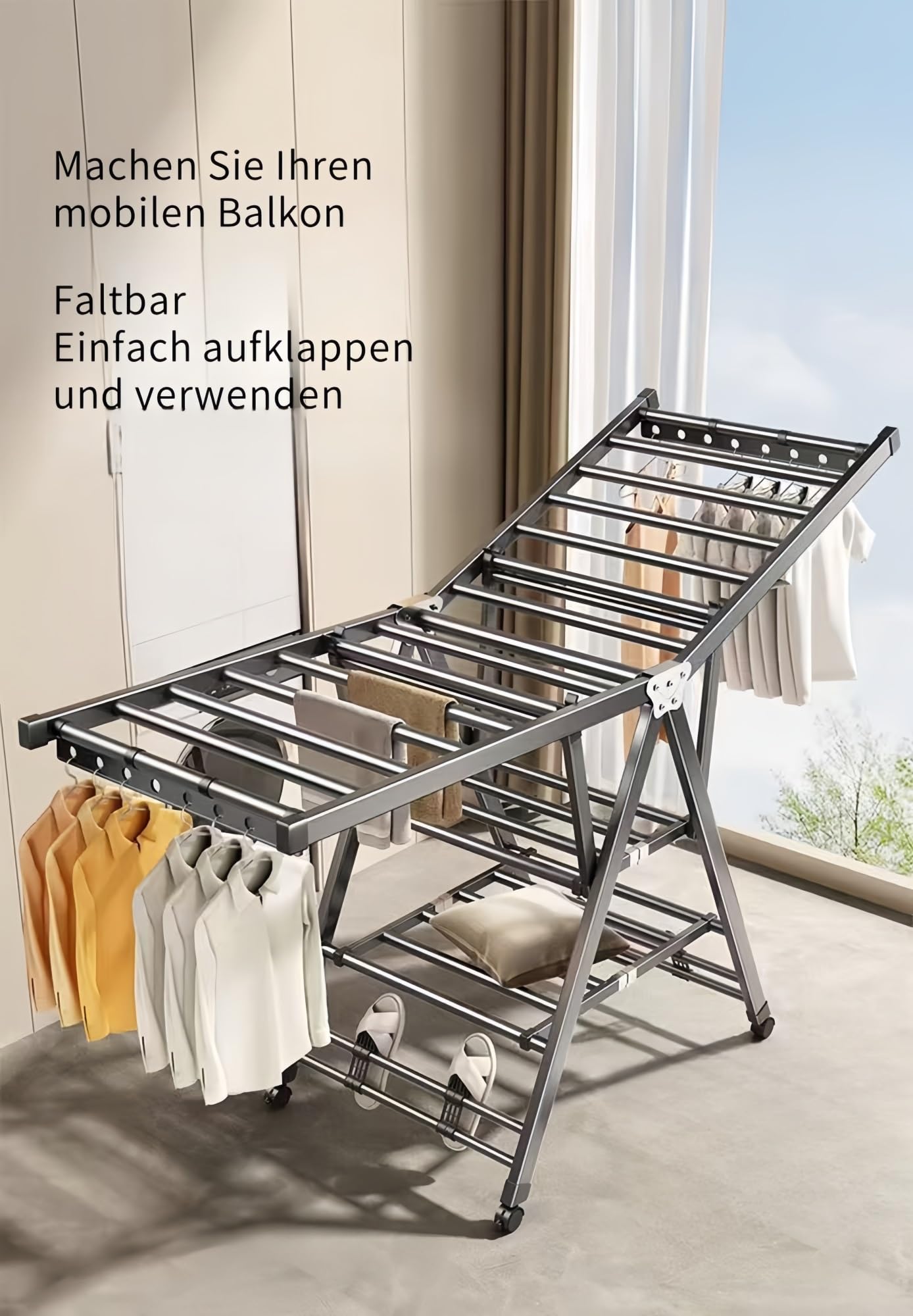 Stendibiancheria retrattile pieghevole, salvaspazio, per interni/esterni, perfetto per soggiorno, camera da letto, balcone, 1,6 m