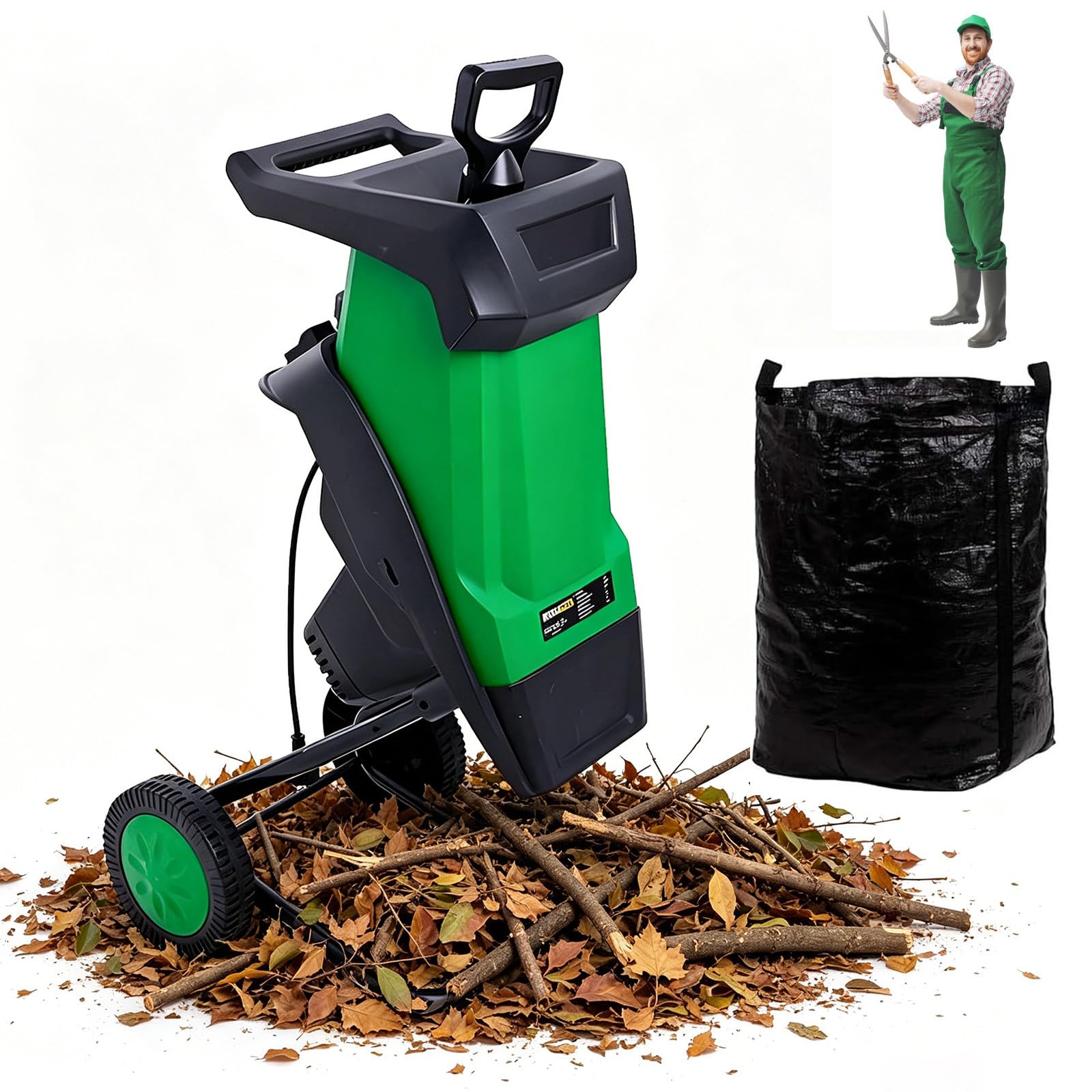 Biotrituradora con Bolsa de 50L, 2400W, 4500rpm, reducción 15:1, Doble Cuchilla de Acero. para Uso en jardín y Patio, restaura el jardín a Estado ordenado y Limpio