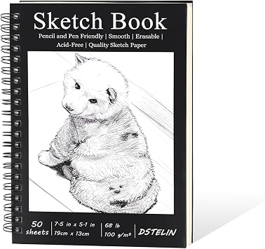 DSTELIN 7.5 x 5.1 Inch Sketch Book, 50 Sheets,100gsm, Spiral Bound Black Hardcover with Dog Cover, Ideal for Sketching and Drawing
