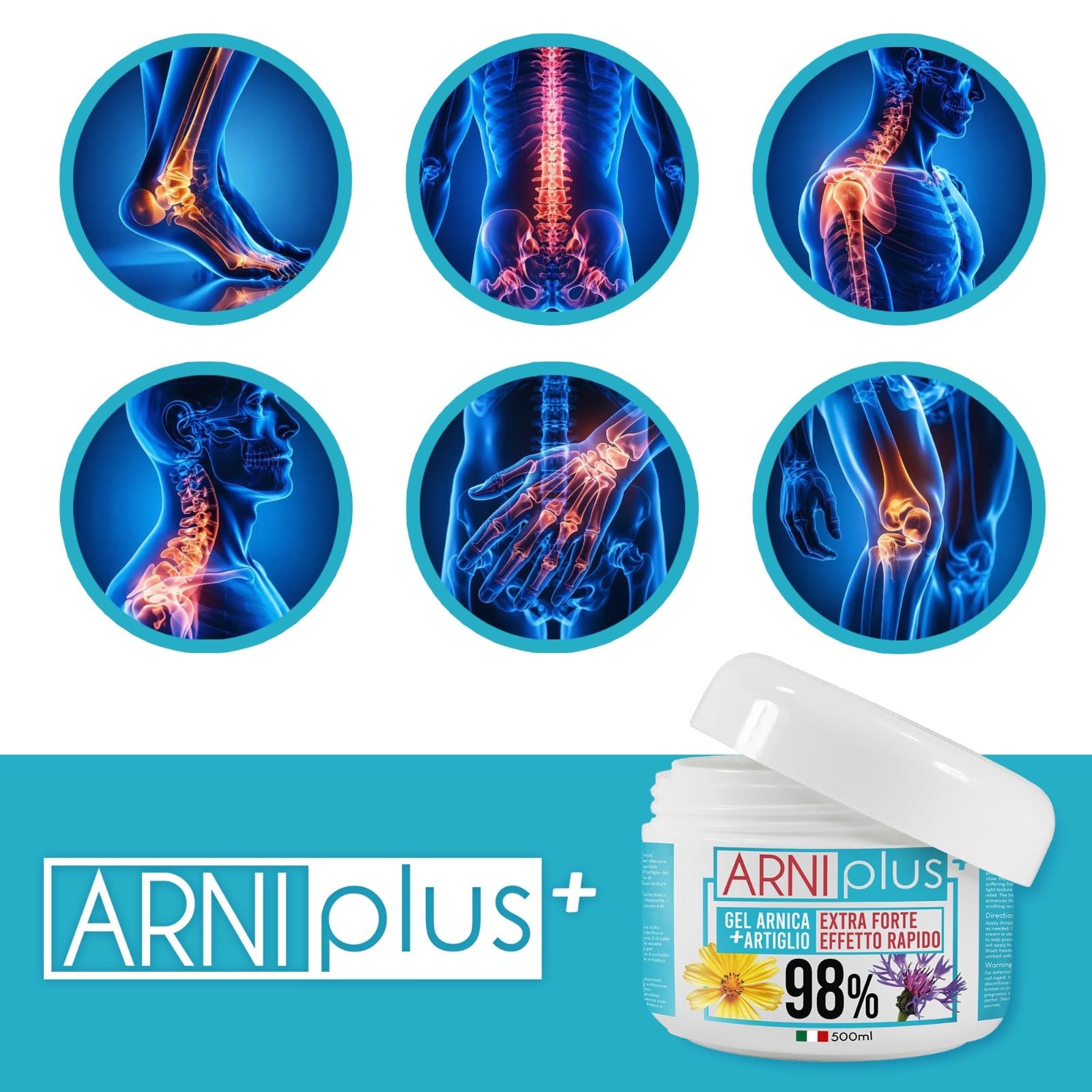 ARNIplus + 2 kg 4 x 500 ml Arnika Gel Extra fuerte, con vitamina C, pomada de árnica fuerte, altamente concentrado para el dolor muscular, pomada de relajación muscular, tendinitis, refrescante